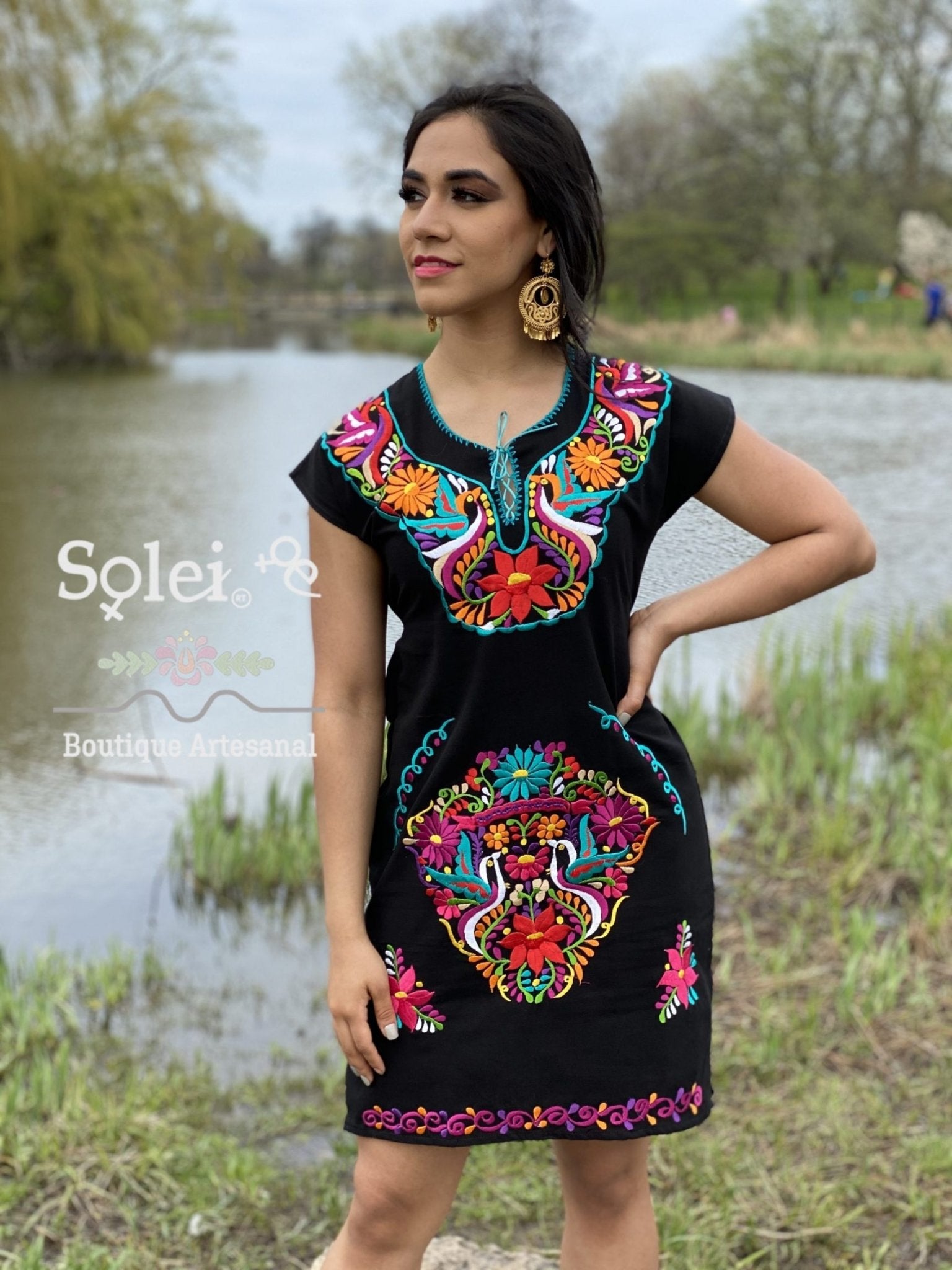 Kimono Dress Mexican Midi dress V-neck. Straight cut dress with ties at the back for a snug fit. - Solei Store