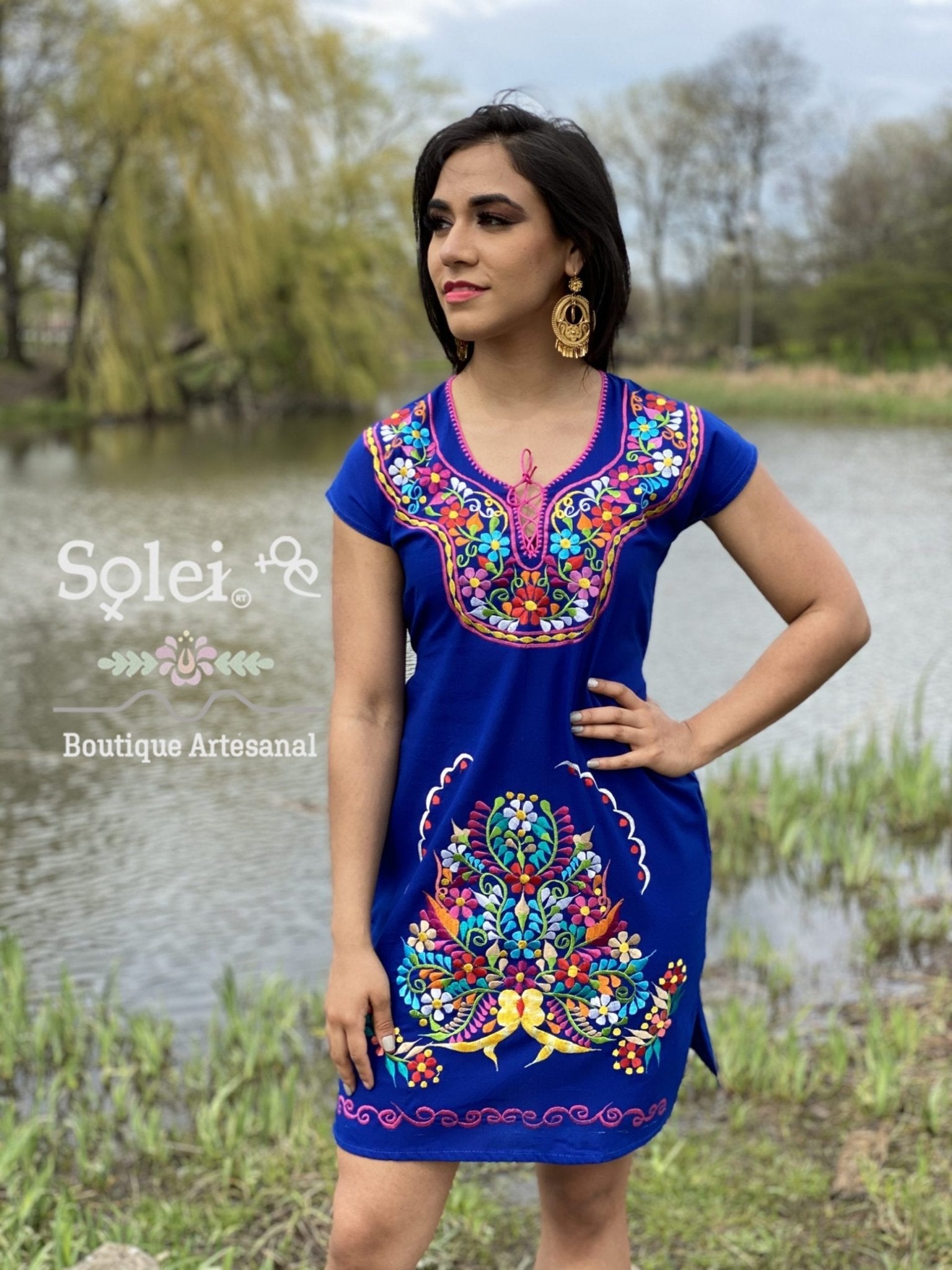 Kimono Dress Mexican Midi dress V-neck. Straight cut dress with ties at the back for a snug fit. - Solei Store