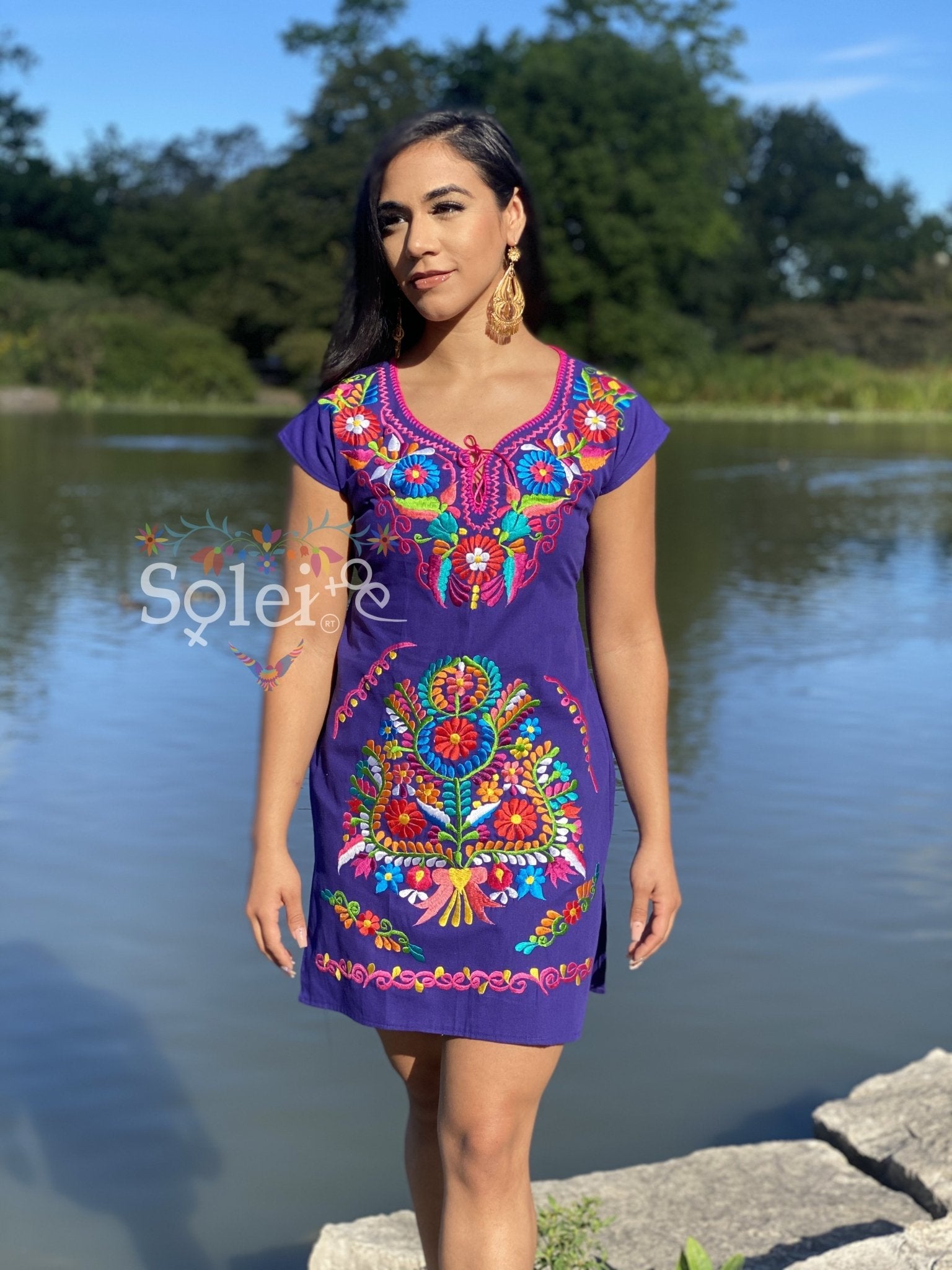 Kimono Dress Mexican Midi dress V-neck. Straight cut dress with ties at the back for a snug fit. - Solei Store