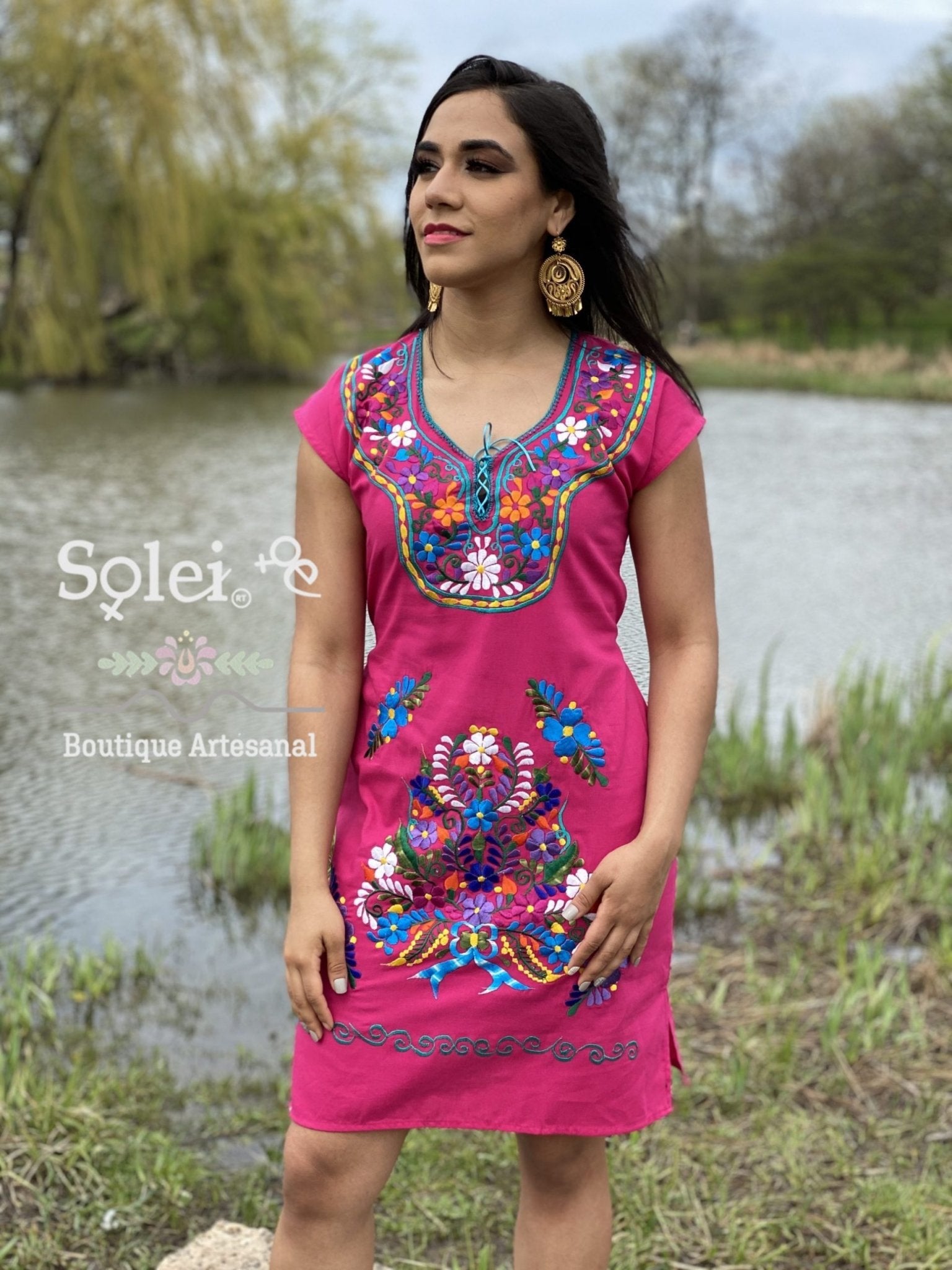 Kimono Dress Mexican Midi dress V-neck. Straight cut dress with ties at the back for a snug fit. - Solei Store