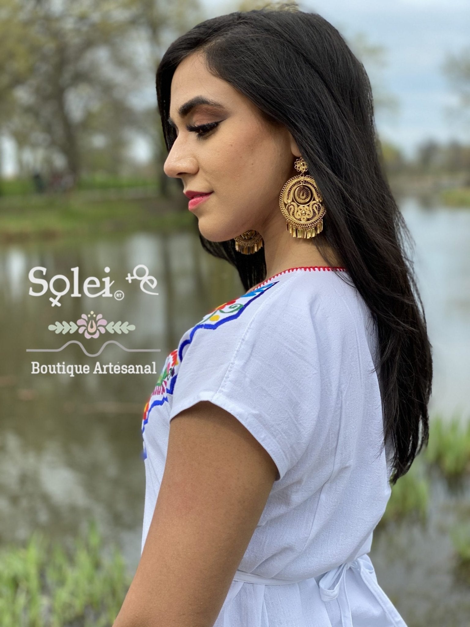 Kimono Dress Mexican Midi dress V-neck. Straight cut dress with ties at the back for a snug fit. - Solei Store