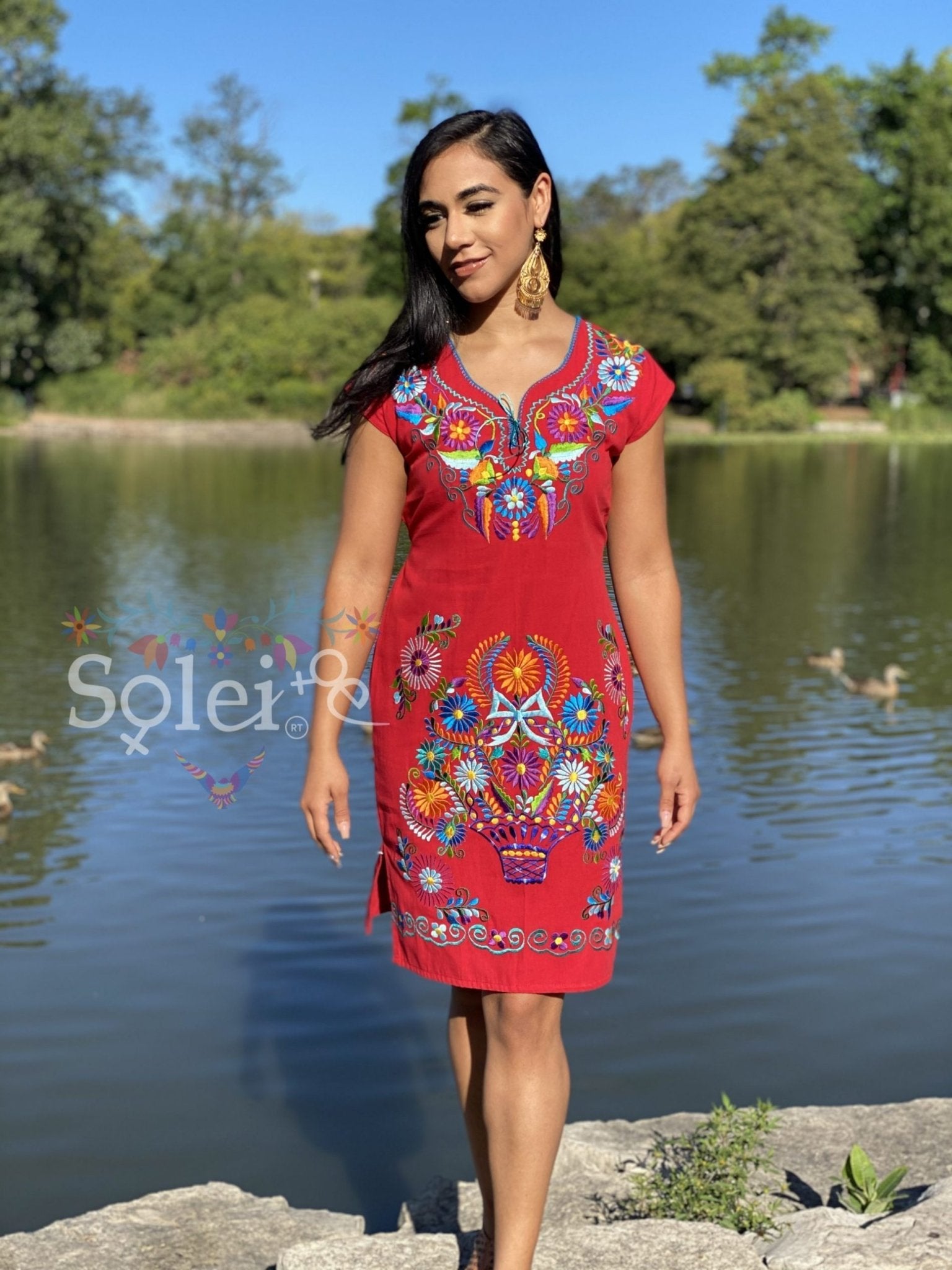 Kimono Dress Mexican Midi dress V-neck. Straight cut dress with ties at the back for a snug fit. - Solei Store