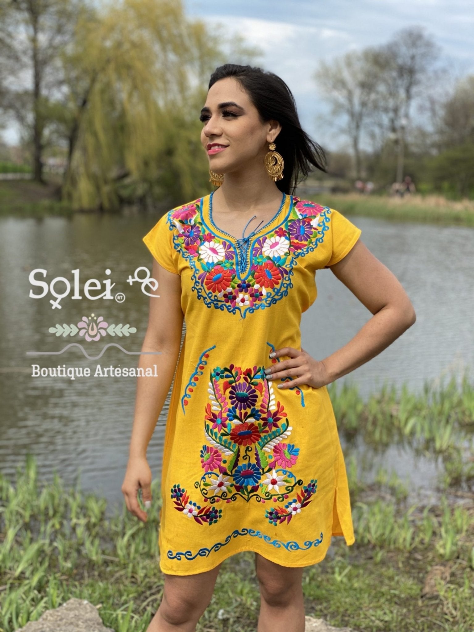 Kimono Dress Mexican Midi dress V-neck. Straight cut dress with ties at the back for a snug fit. - Solei Store
