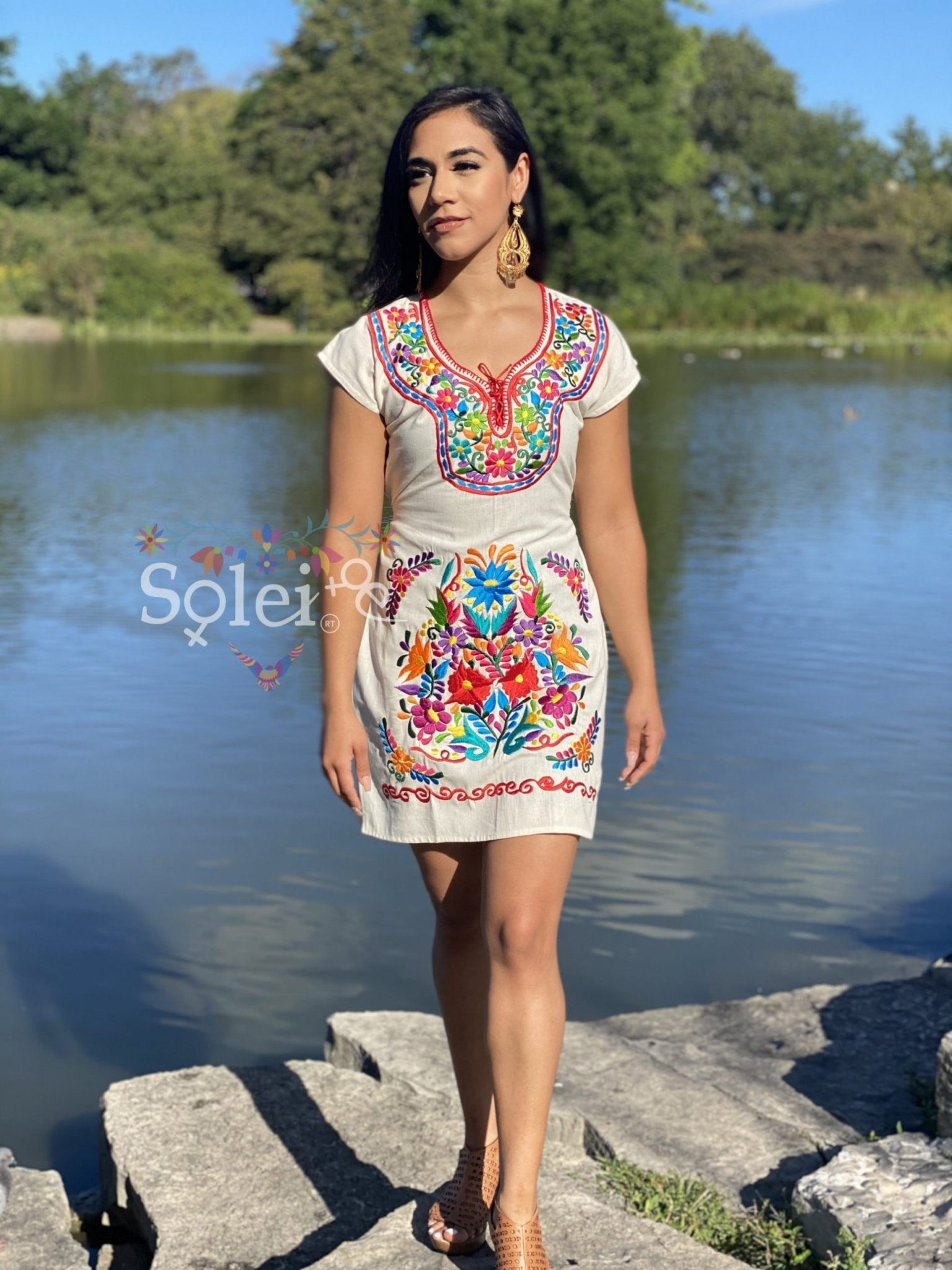 Kimono Dress Mexican Midi dress V-neck. Straight cut dress with ties at the back for a snug fit. - Solei Store