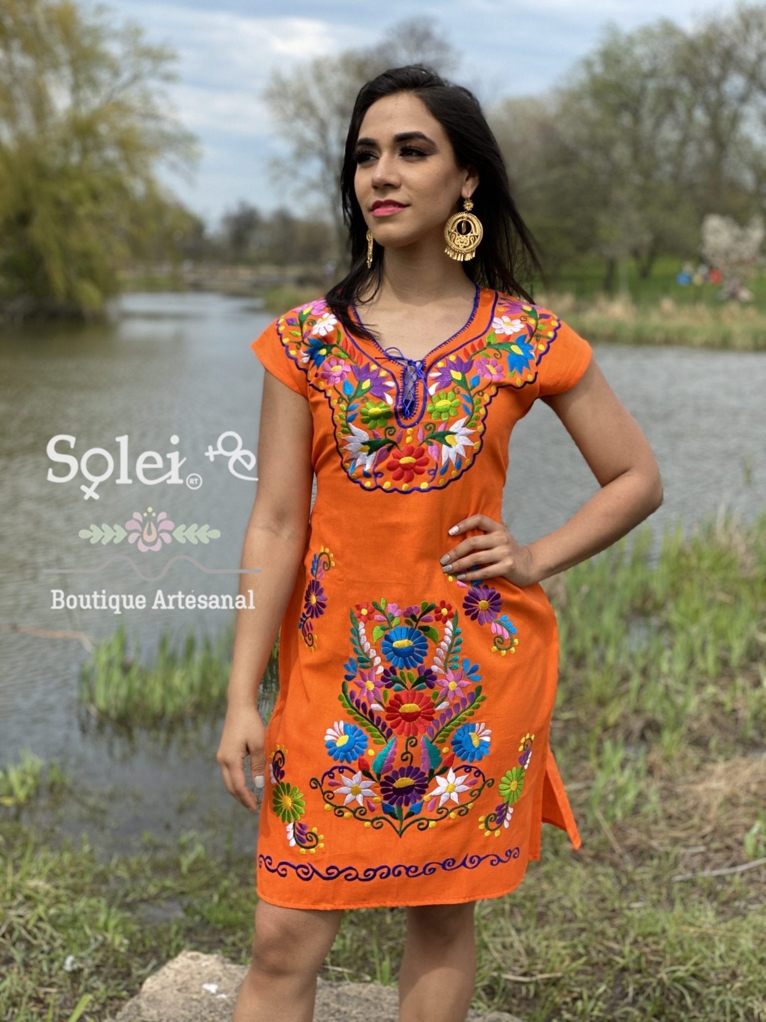 Kimono Dress Mexican Midi dress V-neck. Straight cut dress with ties at the back for a snug fit. - Solei Store