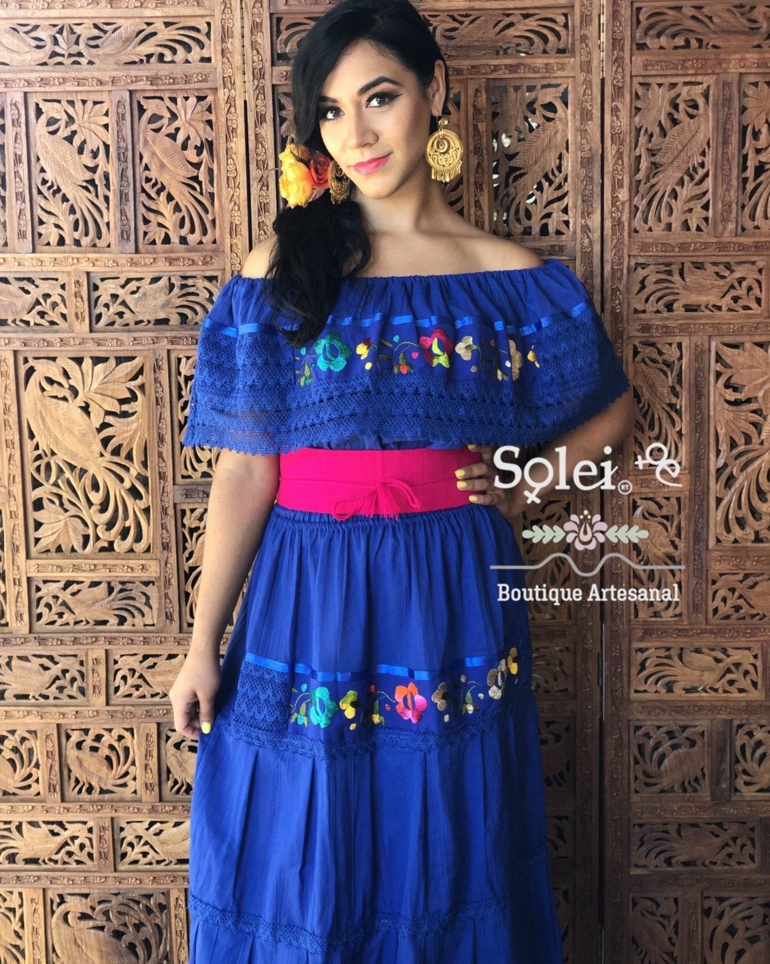 Lace Trim Peasant Dress. Mexican Off the Shoulder Dress. Floral Embroidered Dress. Mexican Artisanal Dress. - Solei Store