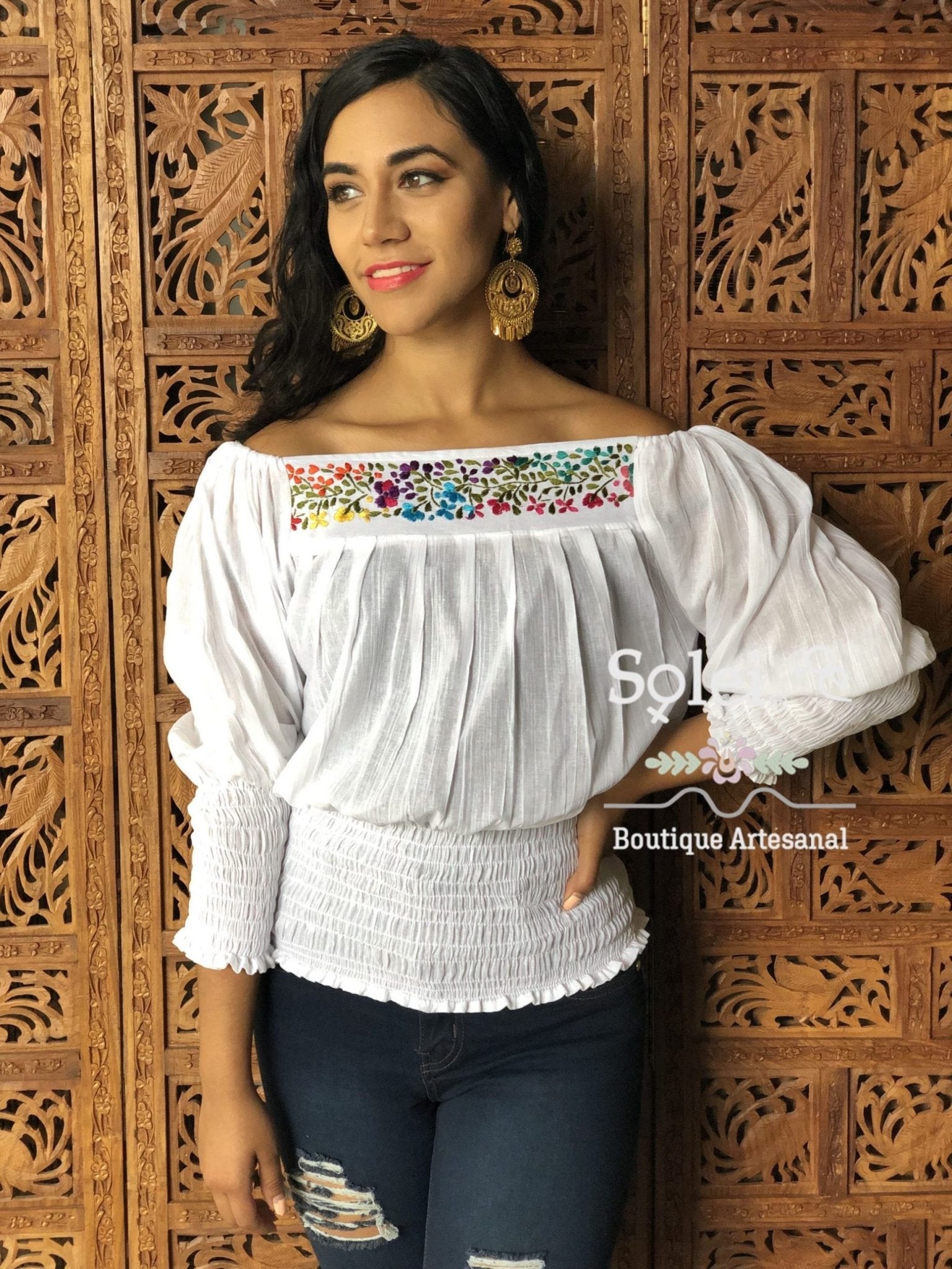 Laura Blouse 3/4 length bishop sleeves Off shoulder blouse with dainty hand embroidered flowers. - Solei Store