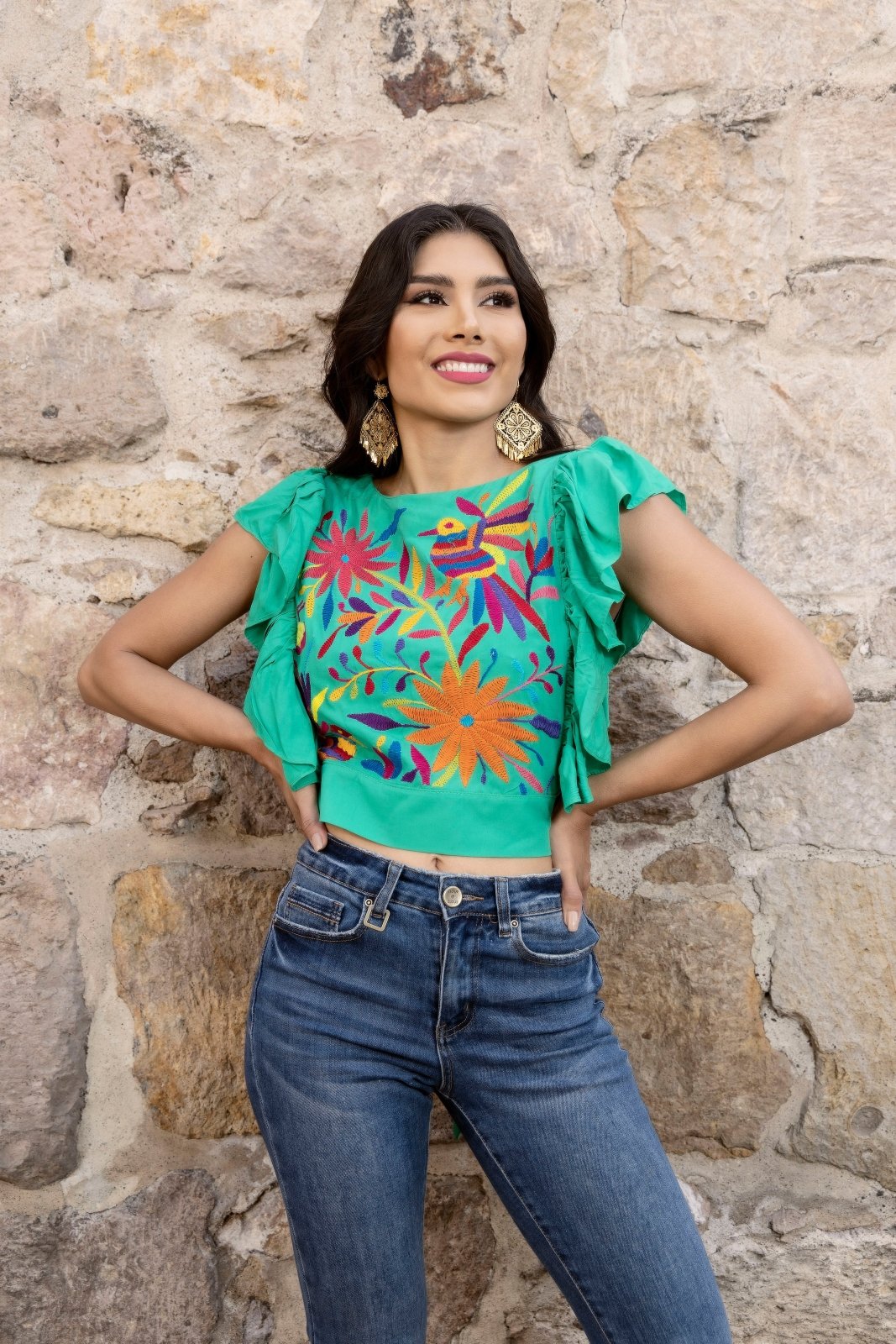 Multicolor Ethnic Design. Green Blouse.