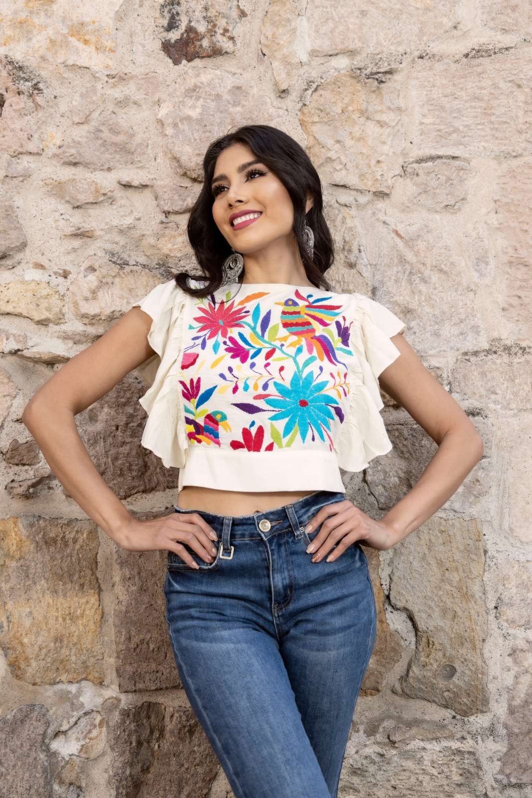 Multicolor Ethnic Design. Beige Blouse.