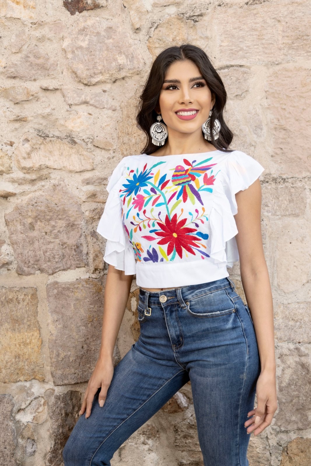 Multicolor Ethnic Design. White Blouse.