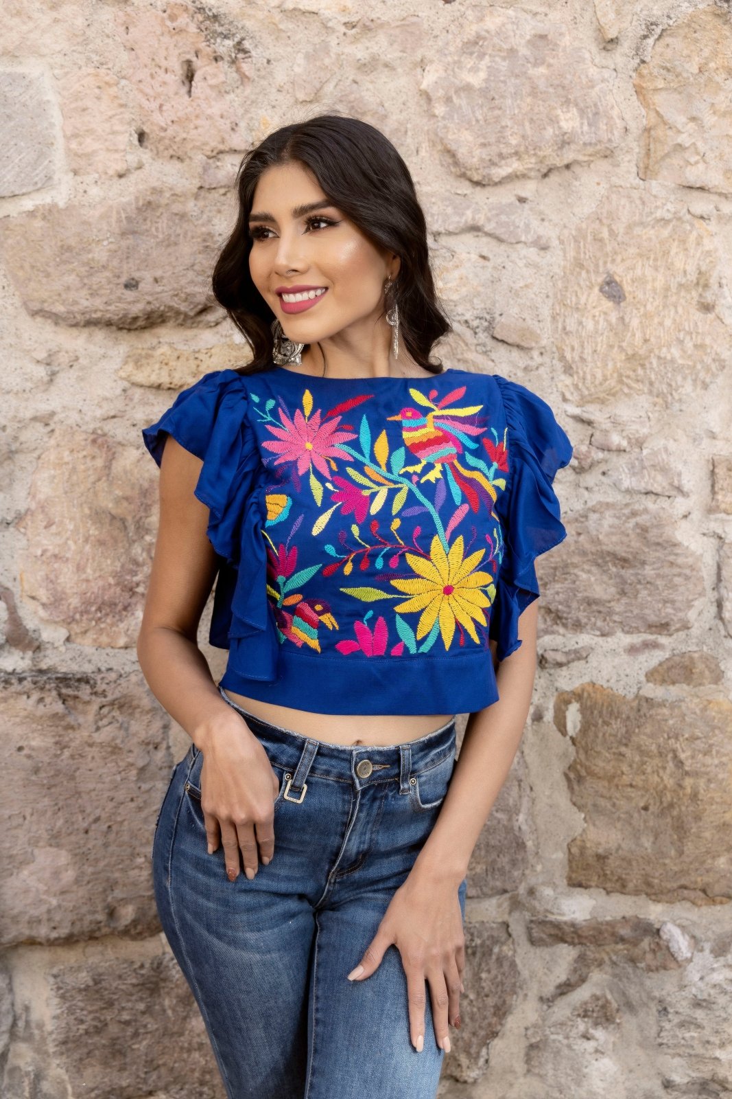 Multicolor Ethnic Design. Royal Blue Blouse.