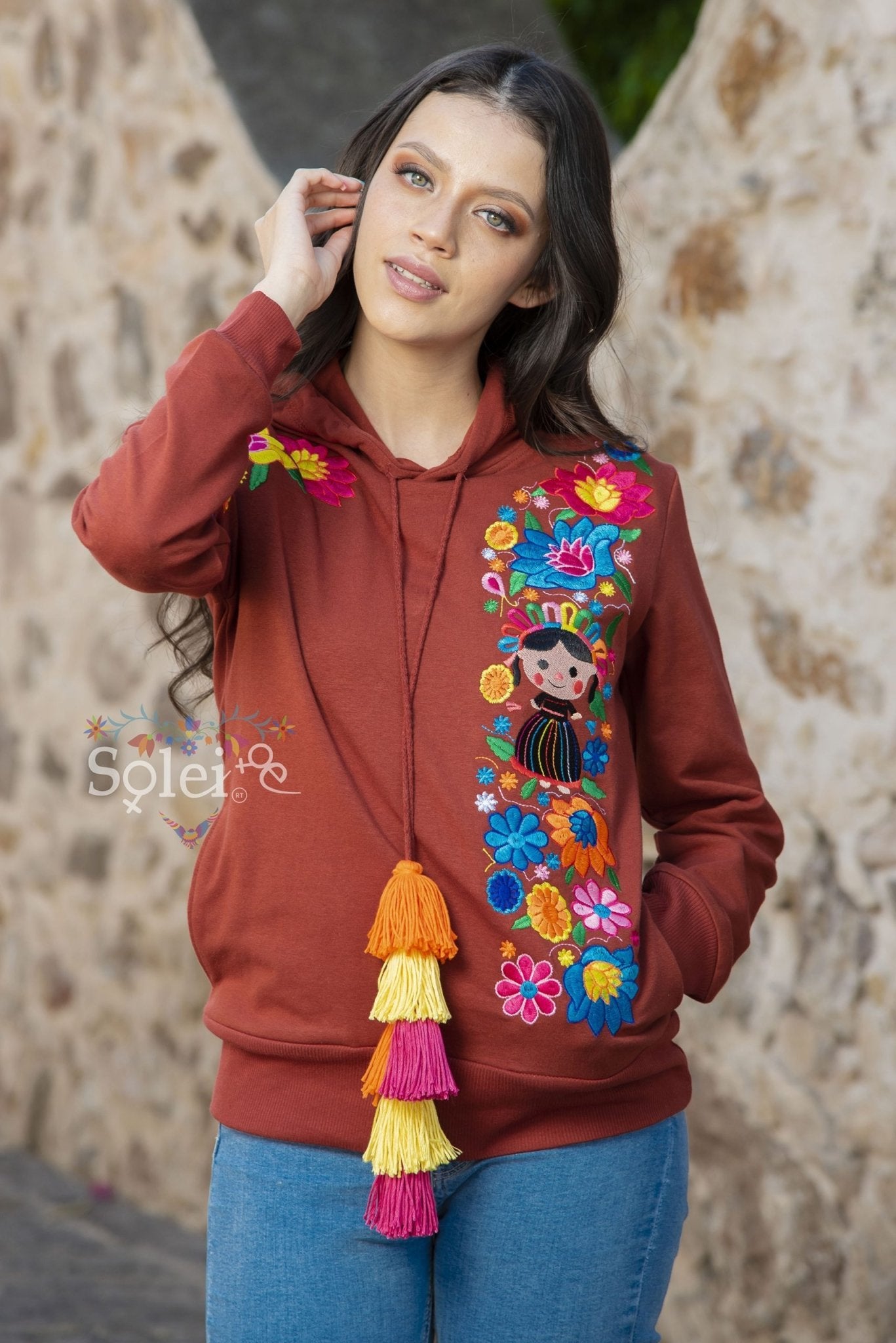 Lele Hand embroidered Mexican floral design side pockets hoodie - Solei Store