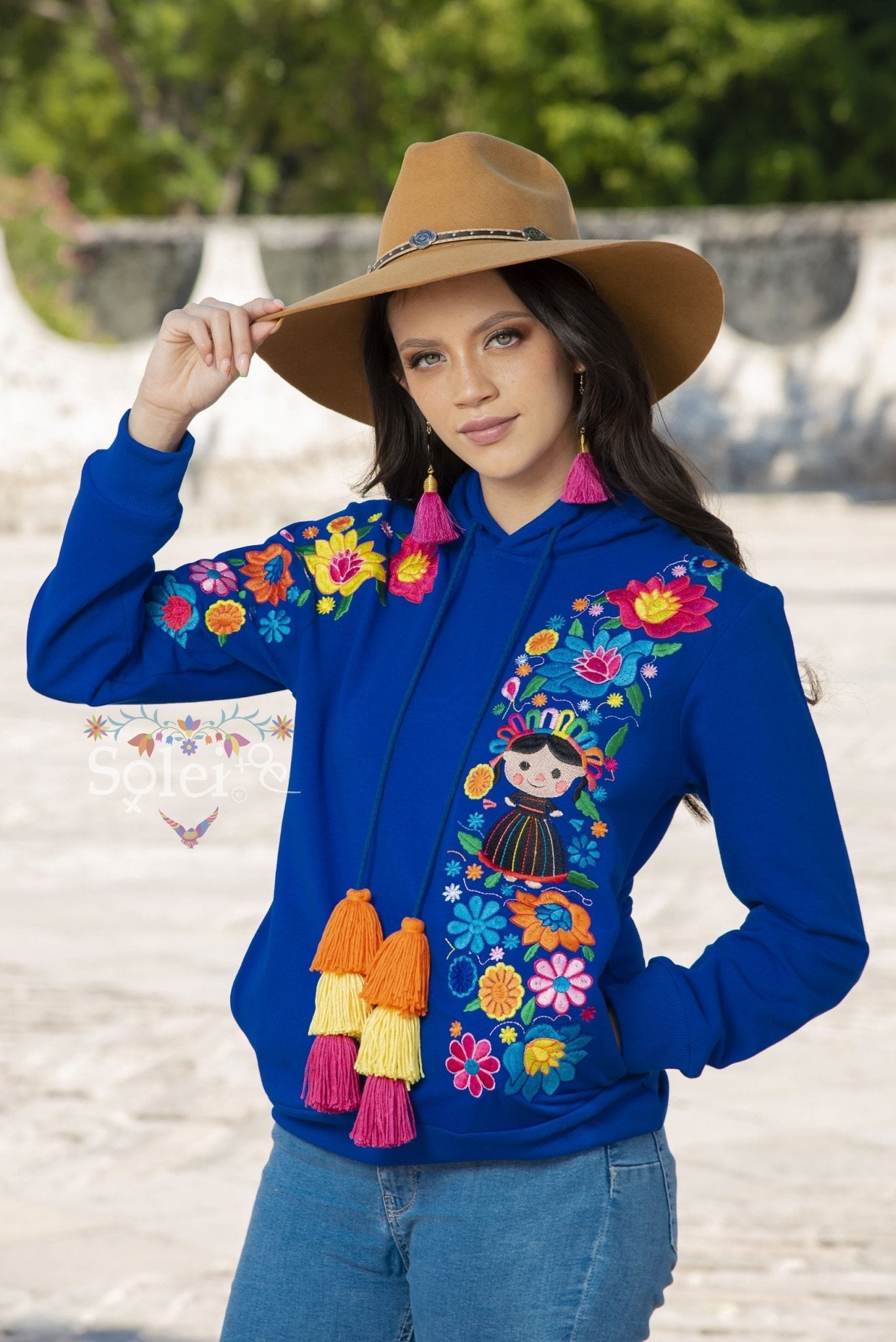 Lele Hand embroidered Mexican floral design side pockets hoodie - Solei Store