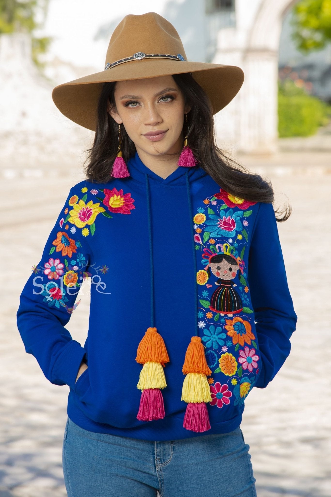 Lele Hand embroidered Mexican floral design side pockets hoodie - Solei Store