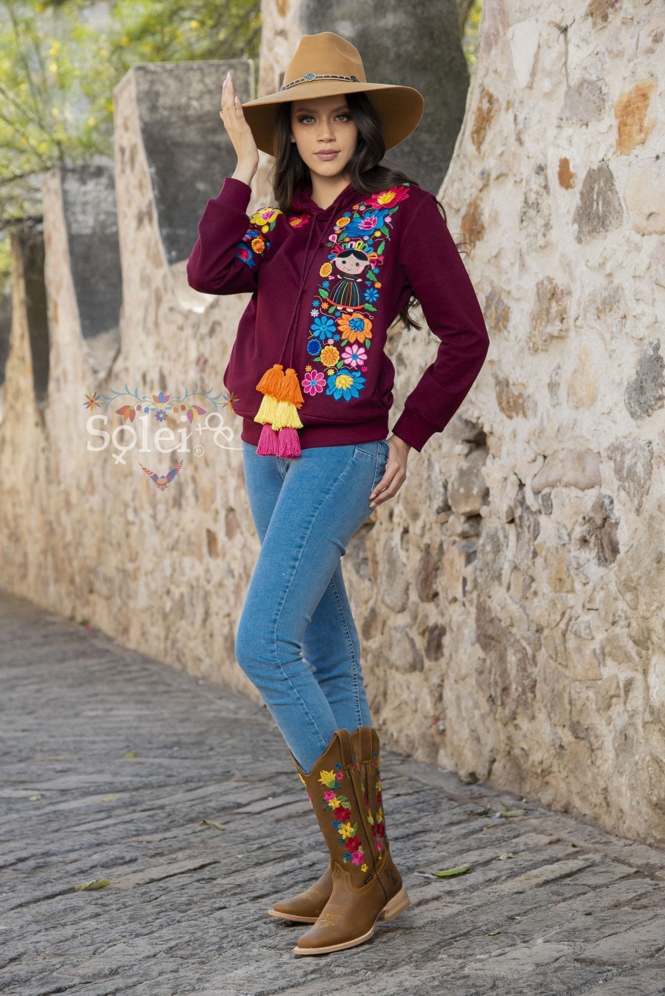 Lele Hand embroidered Mexican floral design side pockets hoodie - Solei Store