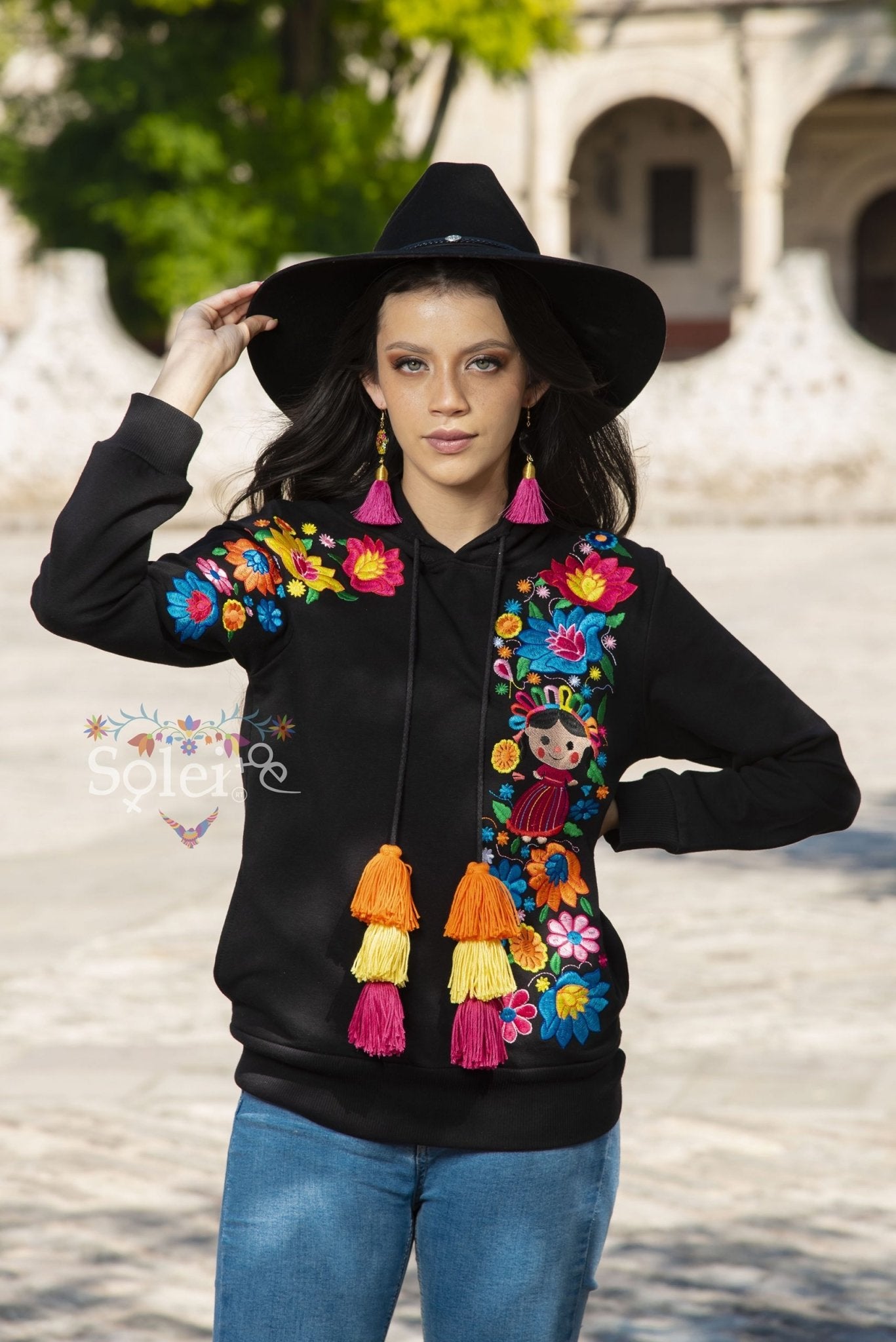 Lele Hand embroidered Mexican floral design side pockets hoodie - Solei Store