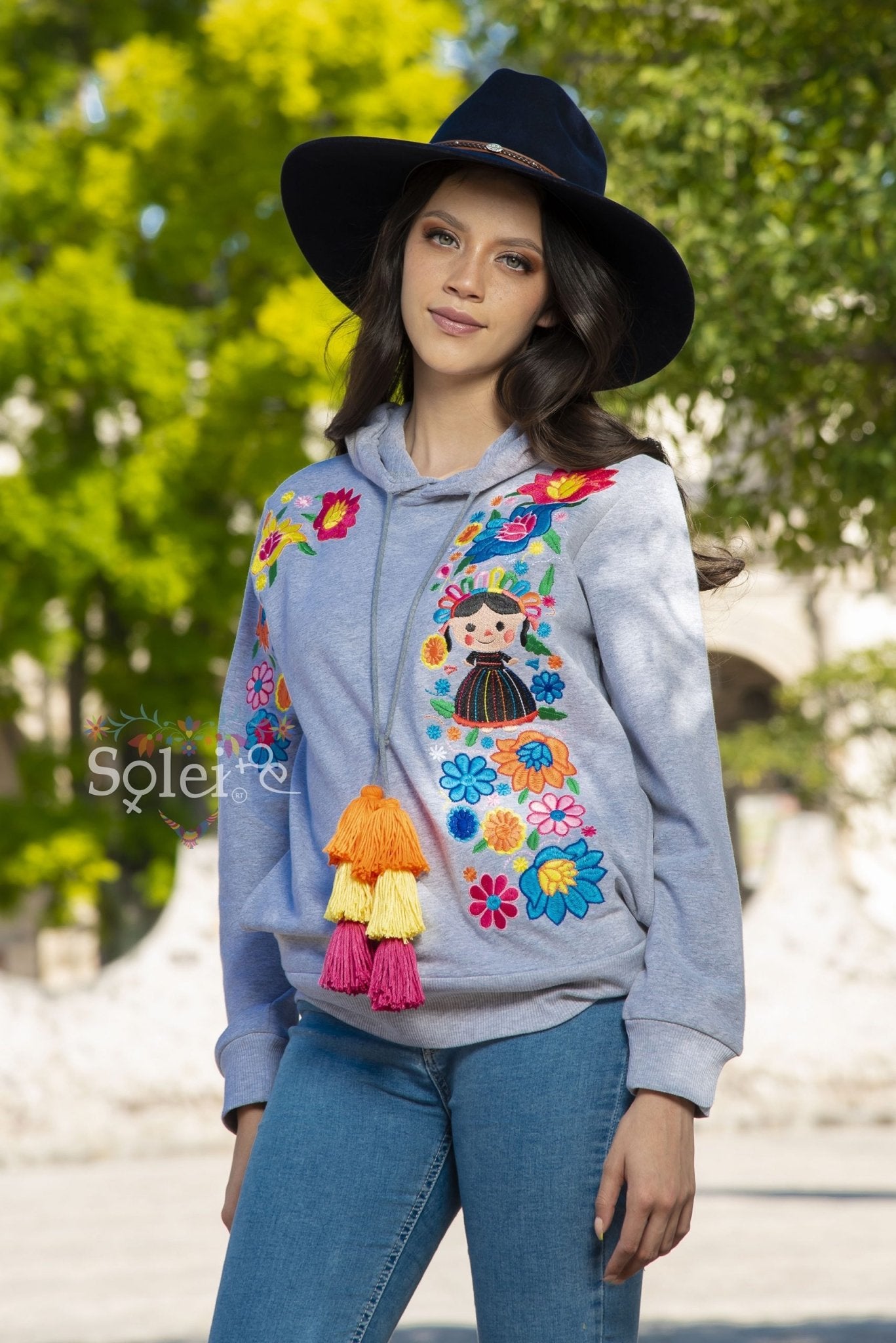 Lele Hand embroidered Mexican floral design side pockets hoodie - Solei Store
