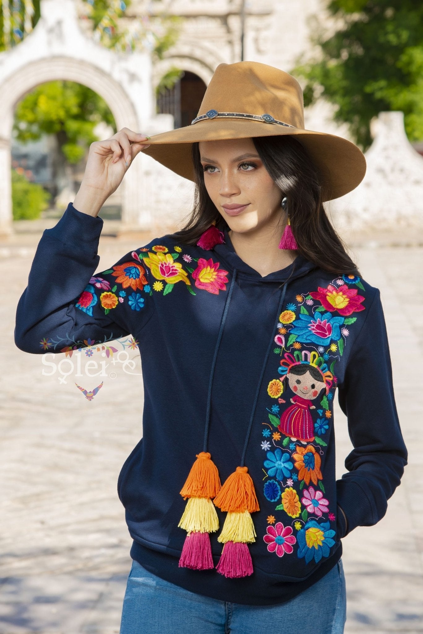 Lele Hand embroidered Mexican floral design side pockets hoodie - Solei Store