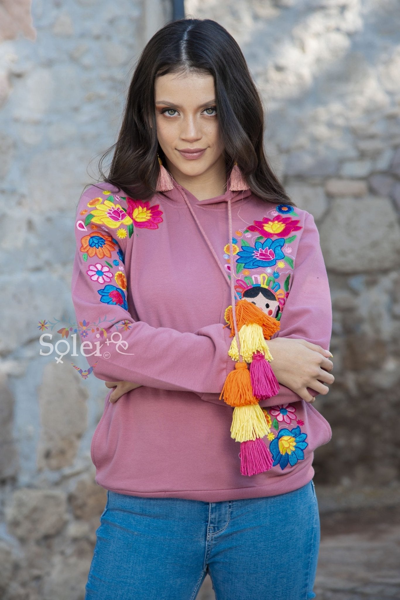 Lele Hand embroidered Mexican floral design side pockets hoodie - Solei Store