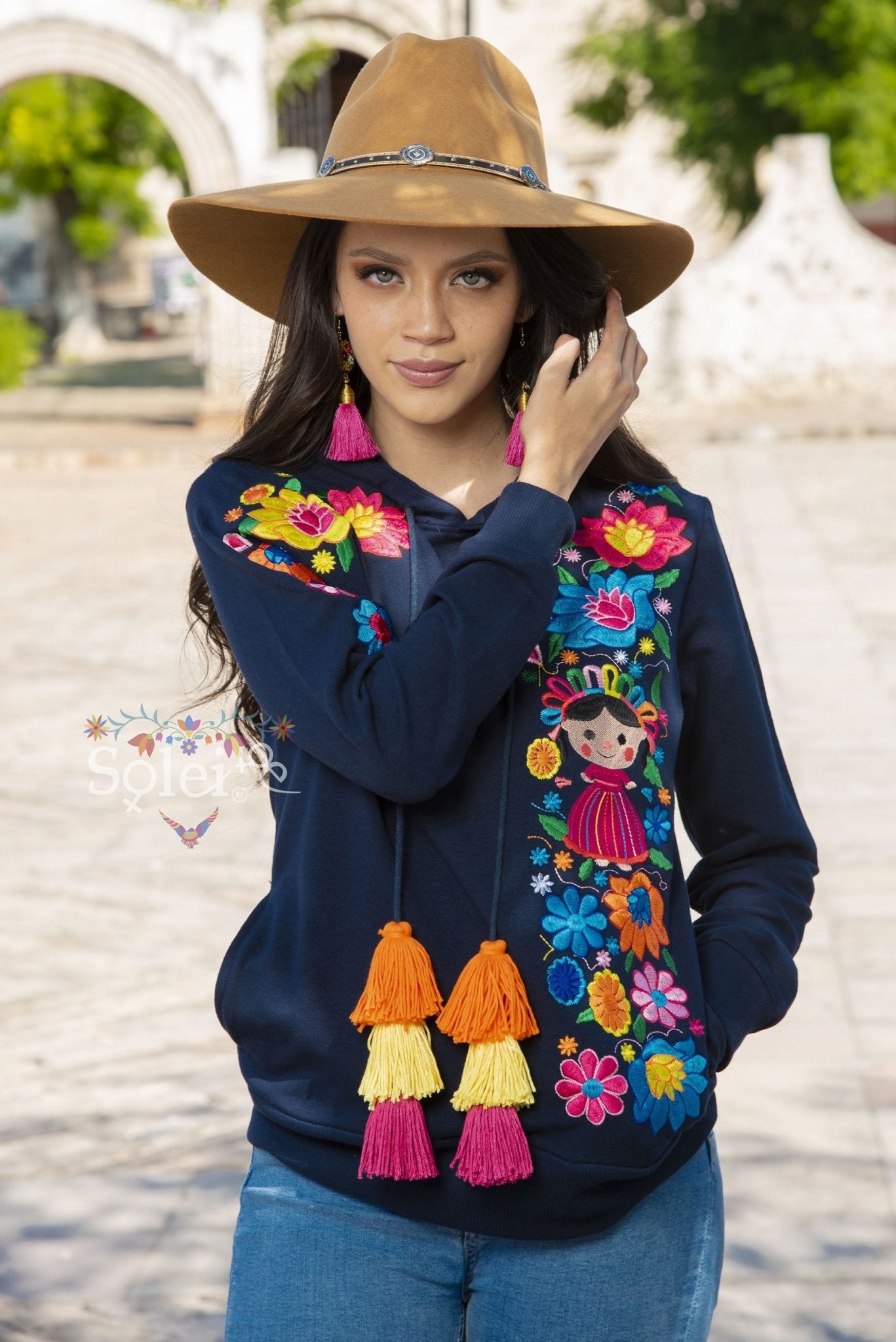 Lele Hand embroidered Mexican floral design side pockets hoodie - Solei Store