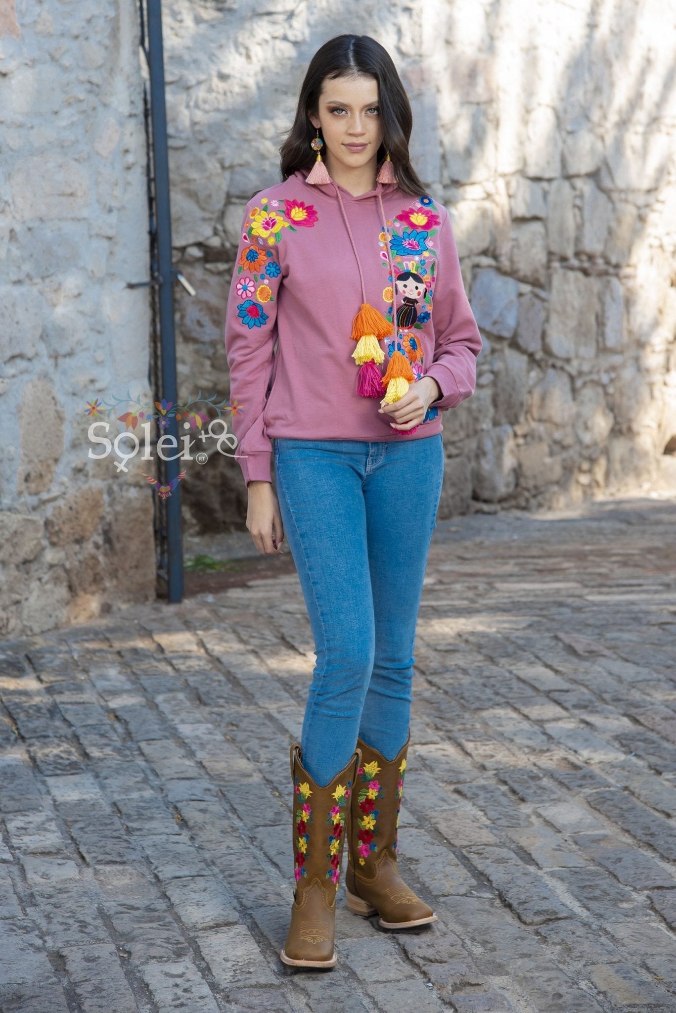 Lele Hand embroidered Mexican floral design side pockets hoodie - Solei Store