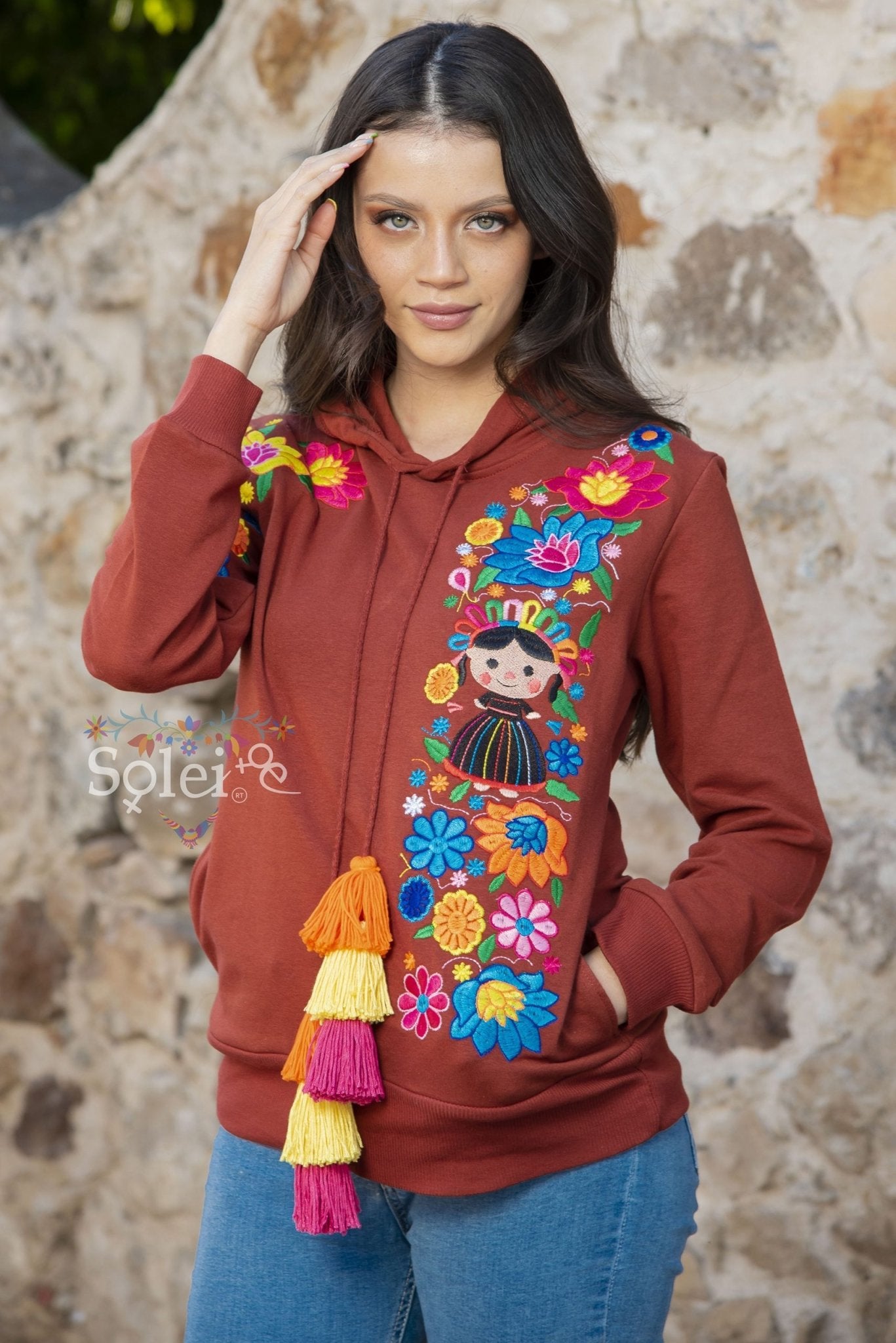 Lele Hand embroidered Mexican floral design side pockets hoodie - Solei Store