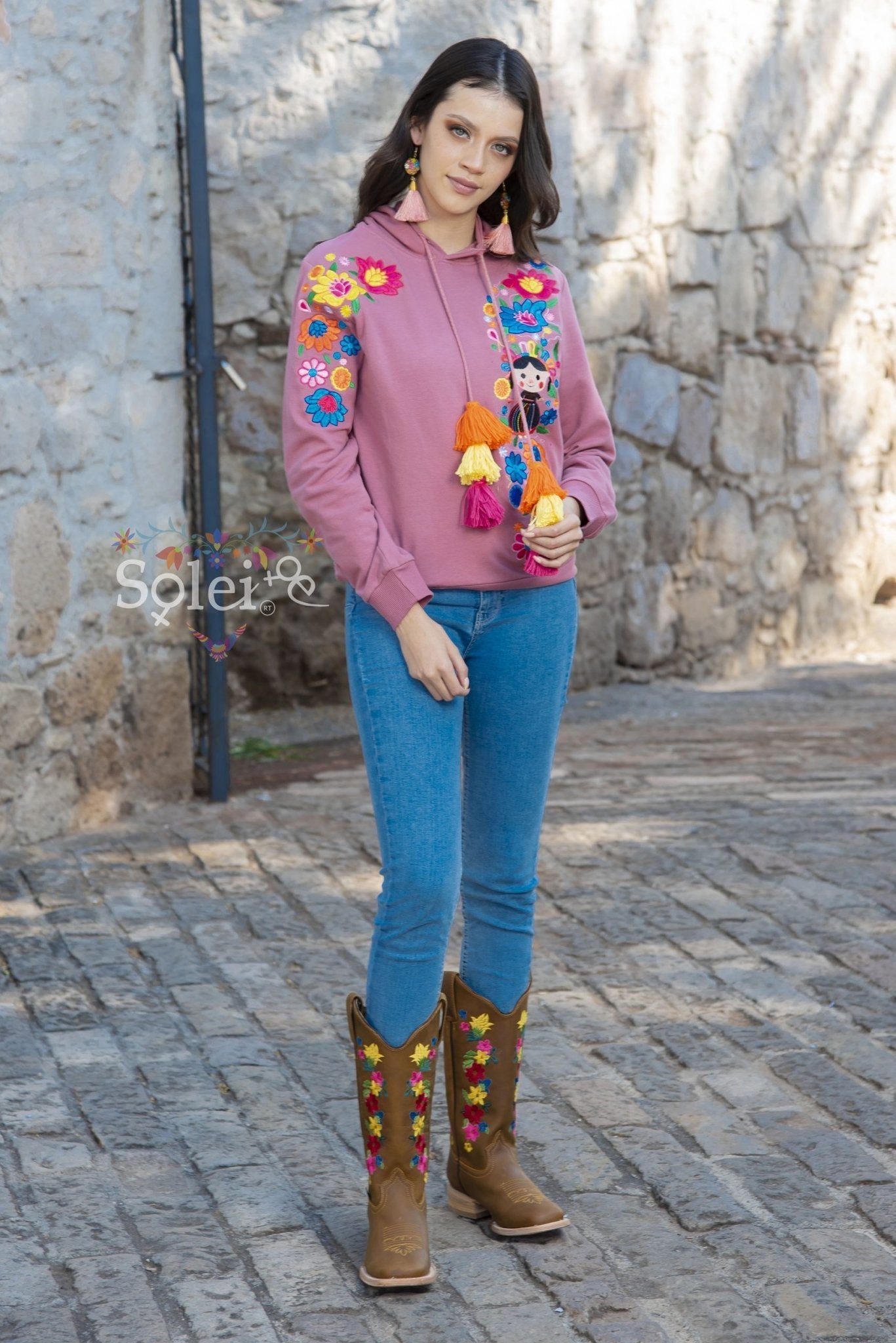 Lele Hand embroidered Mexican floral design side pockets hoodie - Solei Store