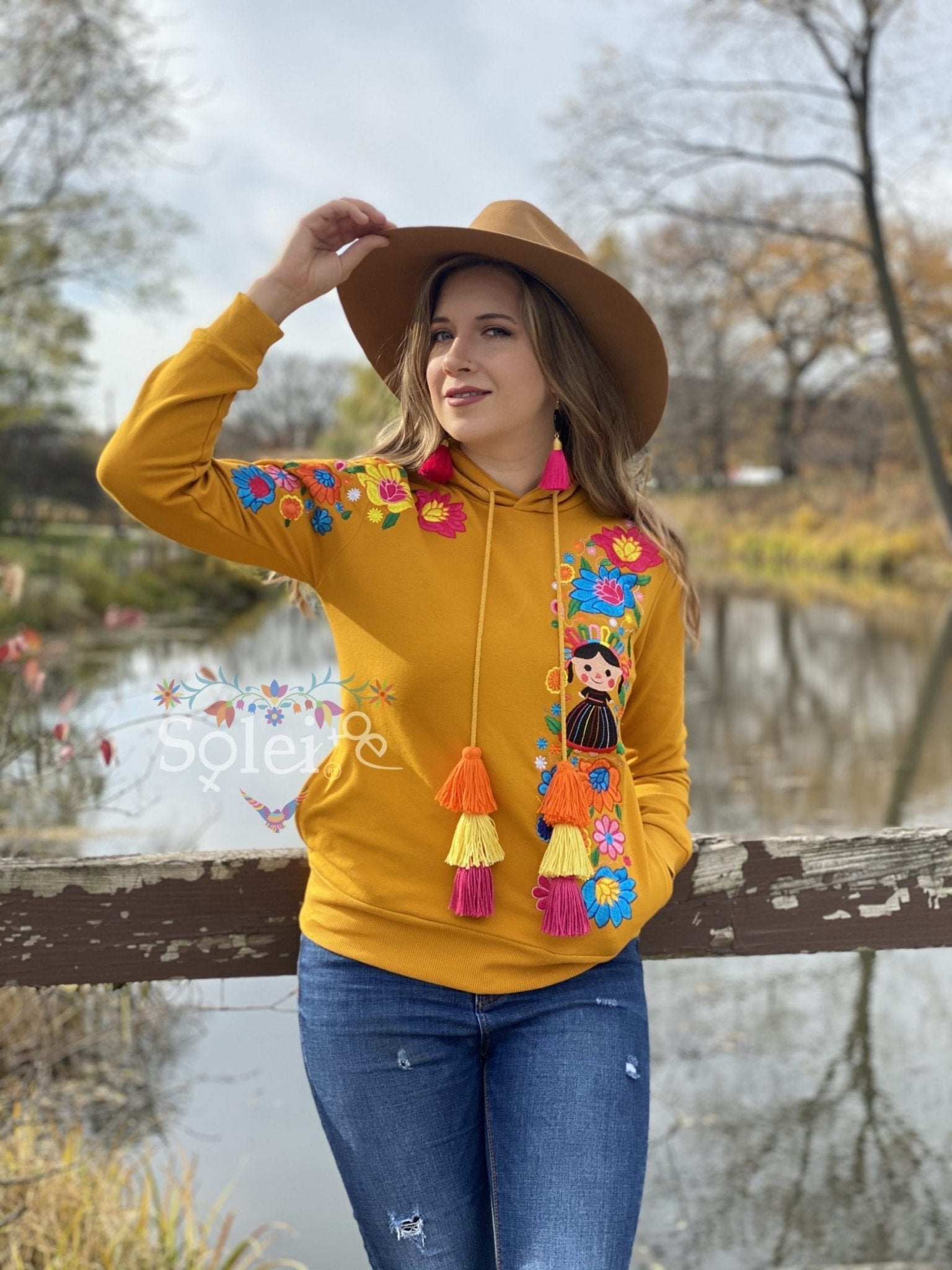 Lele Hand embroidered Mexican floral design side pockets hoodie - Solei Store