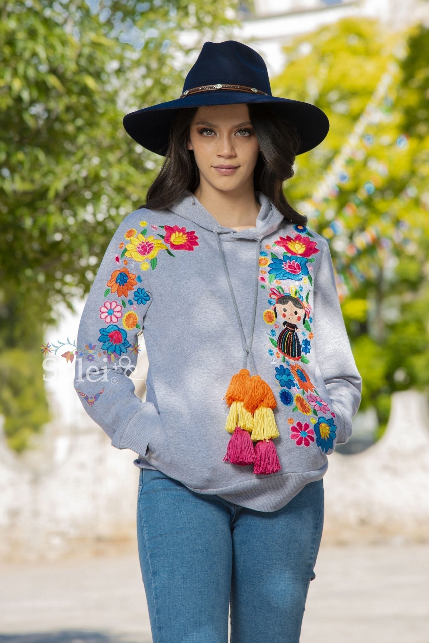Lele Hand embroidered Mexican floral design side pockets hoodie - Solei Store