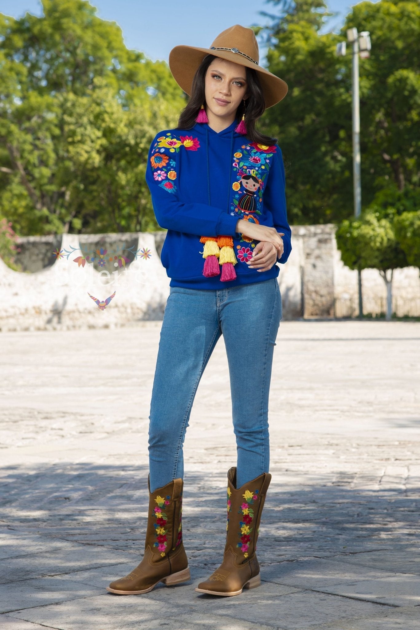Lele Hand embroidered Mexican floral design side pockets hoodie - Solei Store