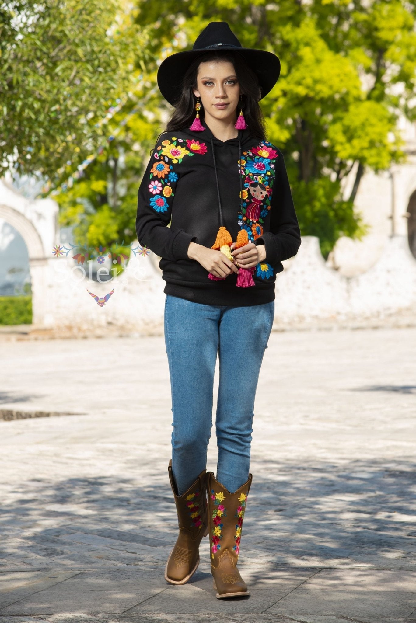 Lele Hand embroidered Mexican floral design side pockets hoodie - Solei Store