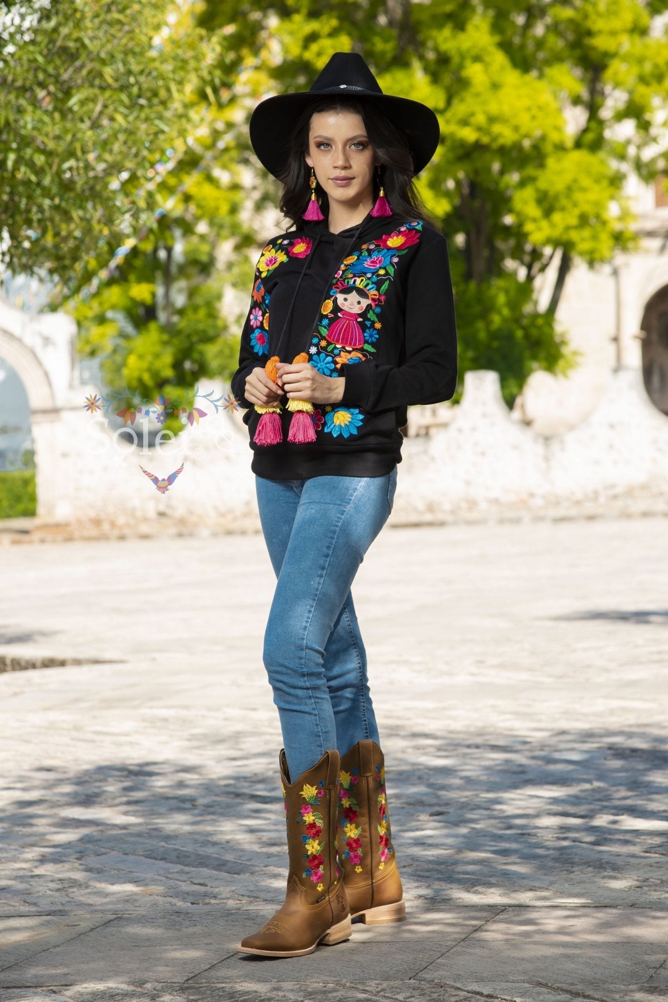 Lele Hand embroidered Mexican floral design side pockets hoodie - Solei Store