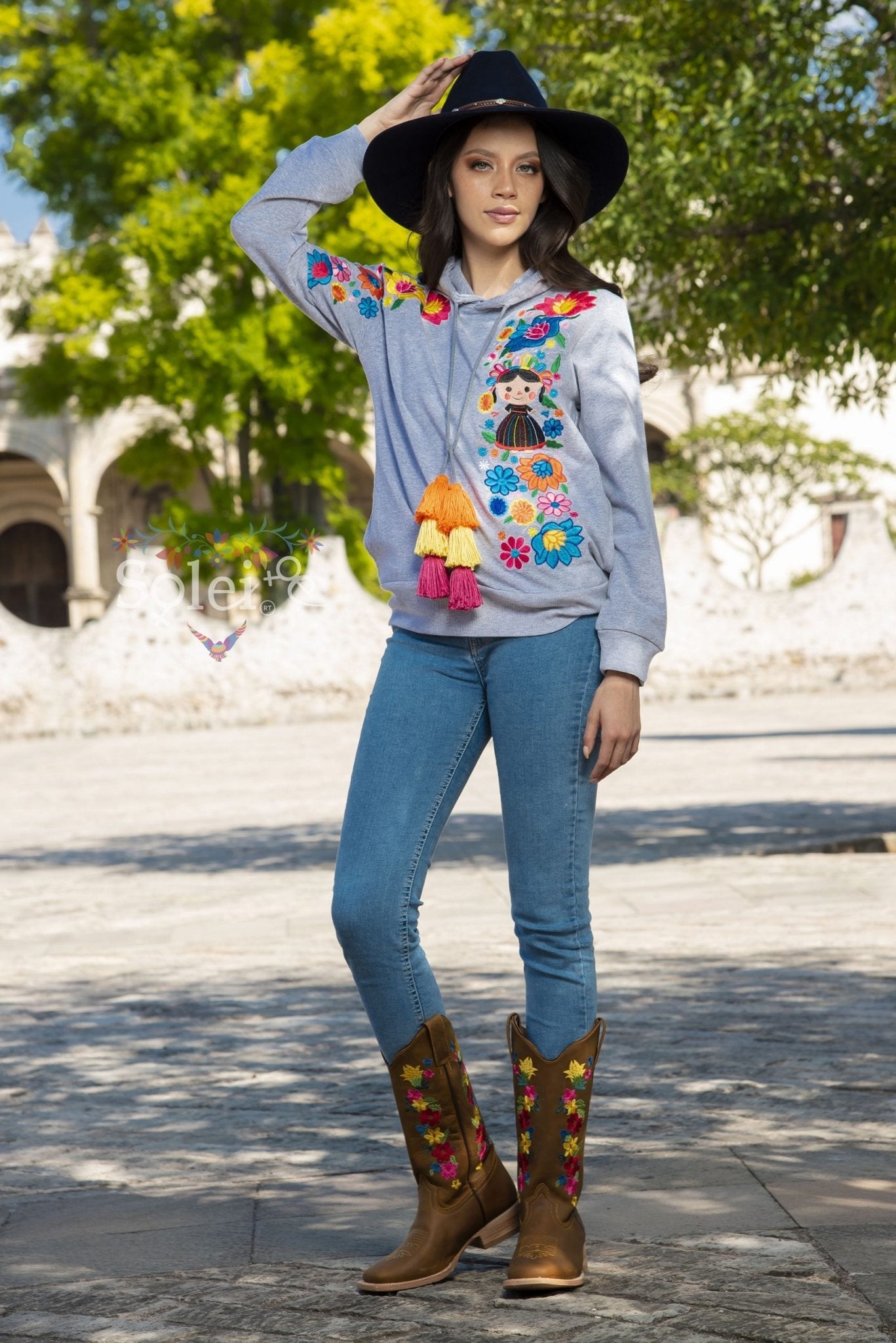 Lele Hand embroidered Mexican floral design side pockets hoodie - Solei Store