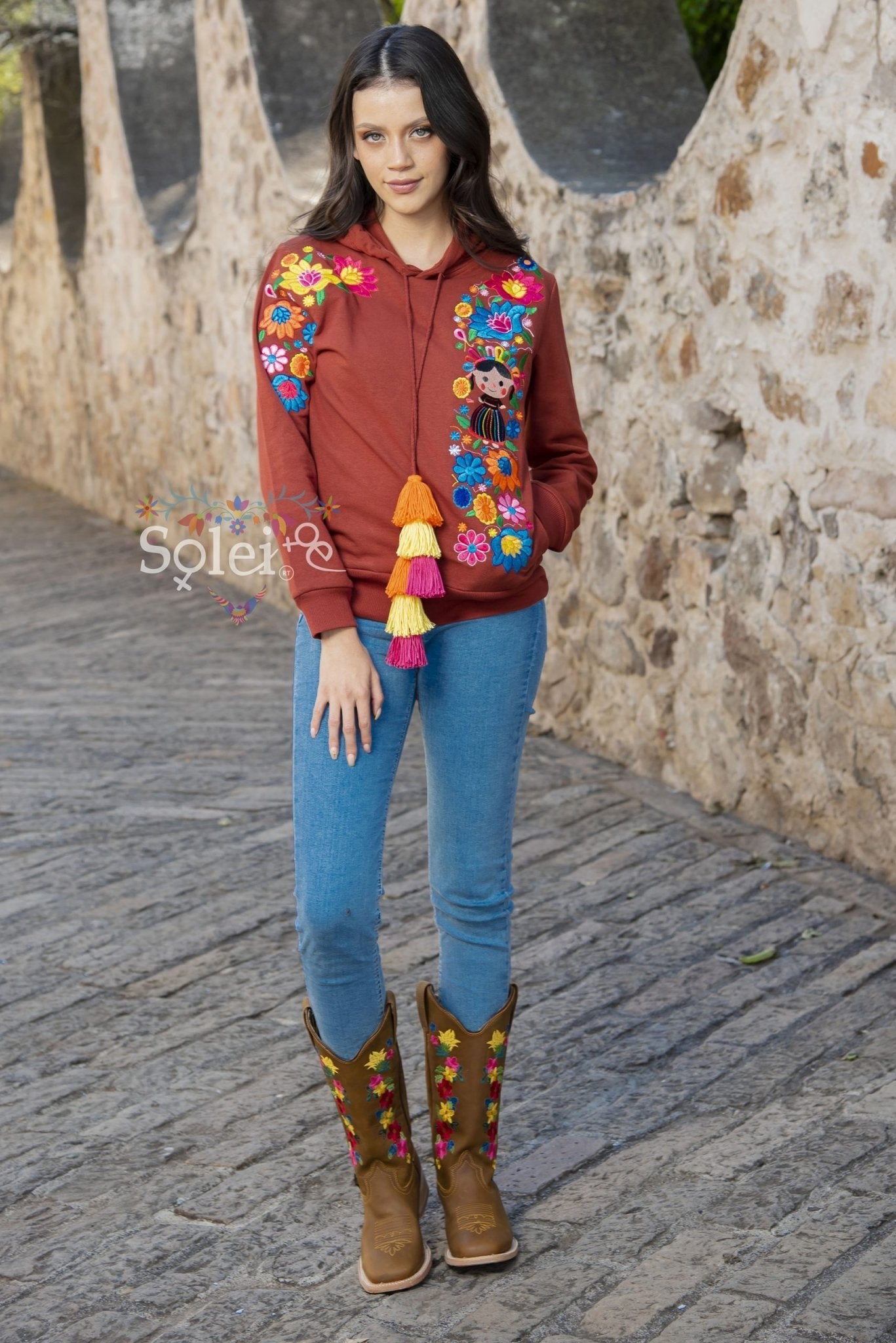 Lele Hand embroidered Mexican floral design side pockets hoodie - Solei Store