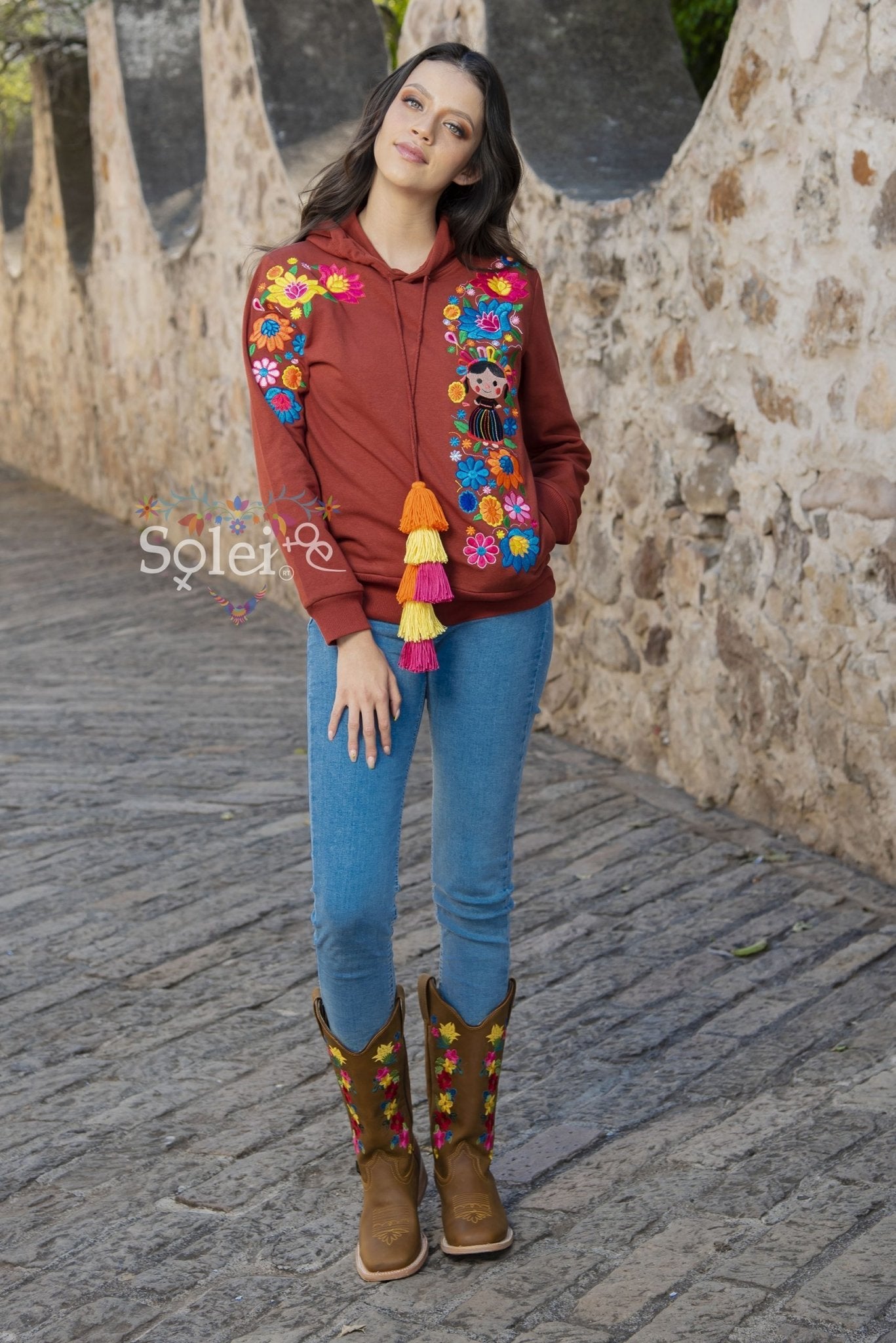 Lele Hand embroidered Mexican floral design side pockets hoodie - Solei Store