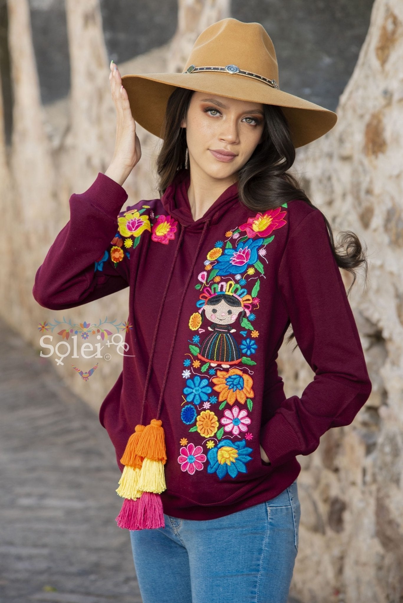 Lele Hand embroidered Mexican floral design side pockets hoodie - Solei Store
