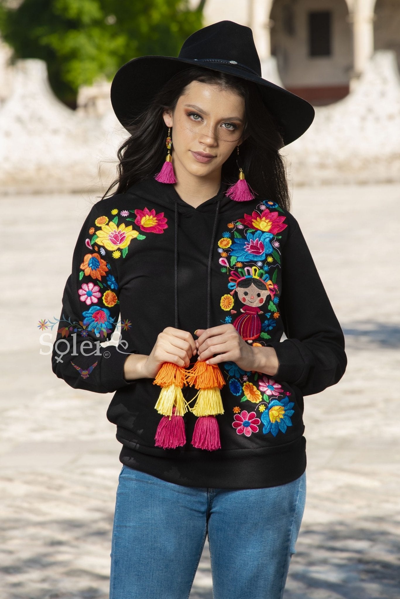 Lele Hand embroidered Mexican floral design side pockets hoodie - Solei Store