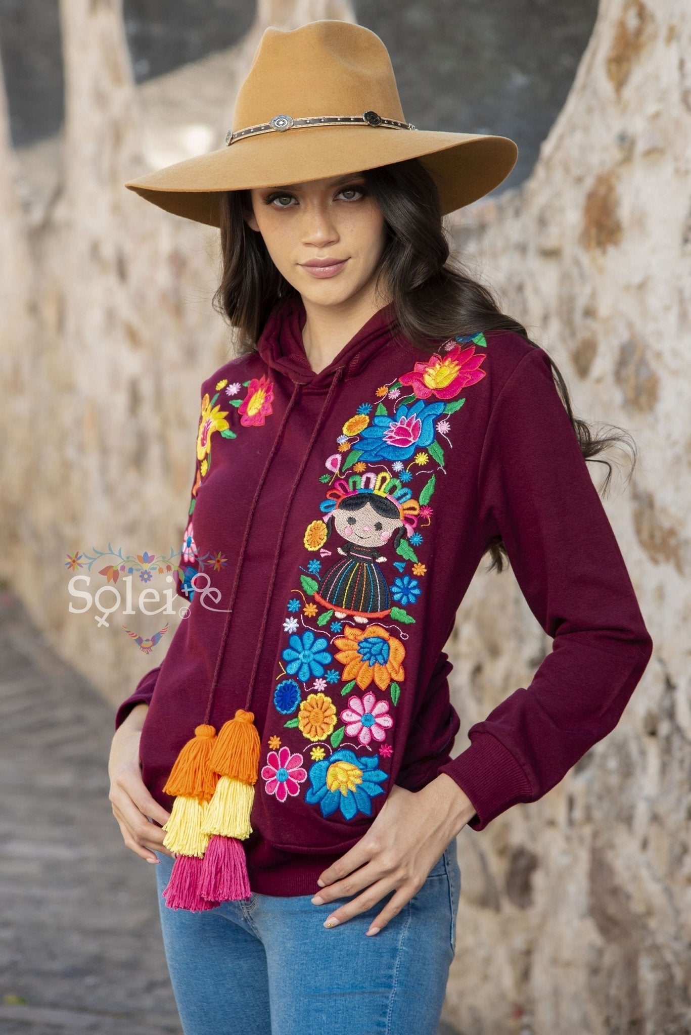 Lele Hand embroidered Mexican floral design side pockets hoodie - Solei Store