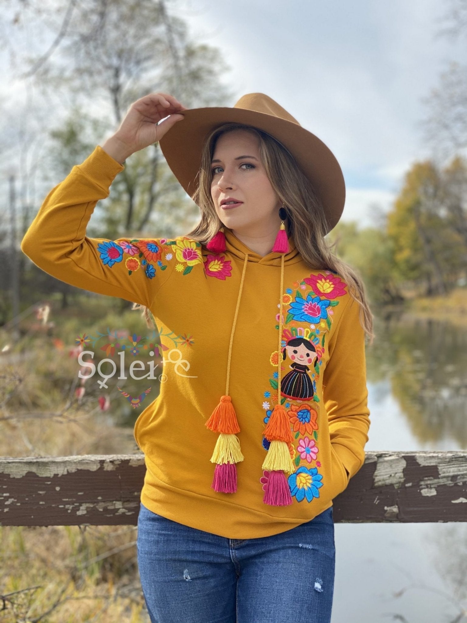 Lele Hand embroidered Mexican floral design side pockets hoodie - Solei Store