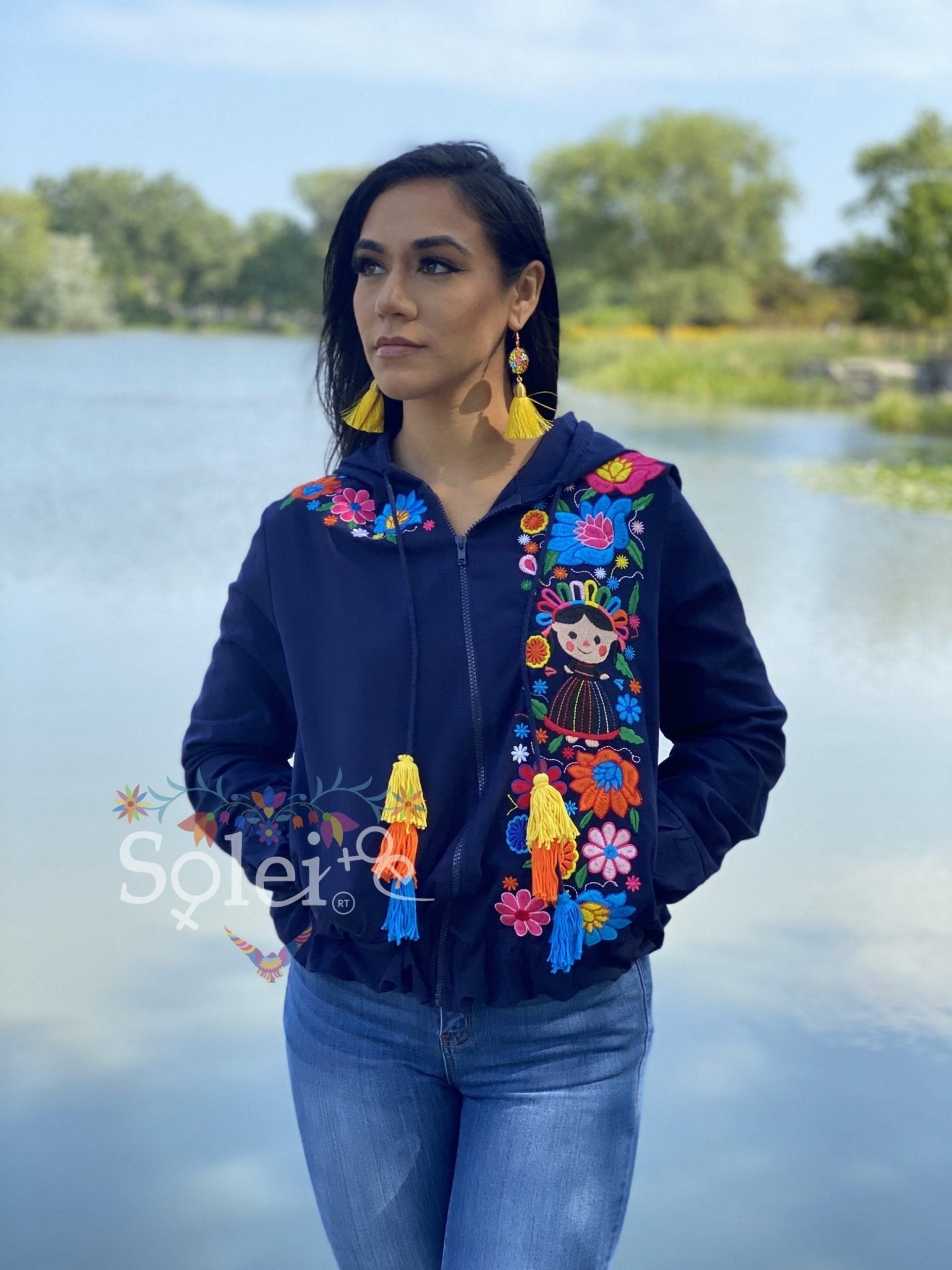 Lele Windbreaker jacket floral & Lele Doll Mexican design embroidered - Solei Store