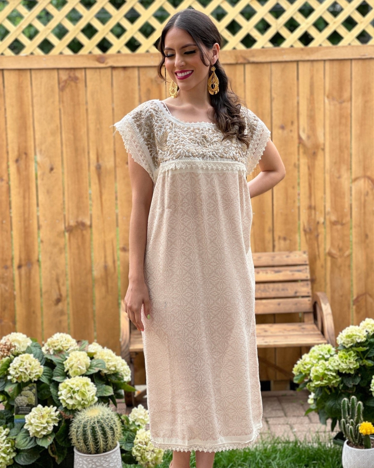 Long Embroidered Dress Made on a Loom. Artisanal Handmade Dress. Mitla Largo (Gold) - Solei Store