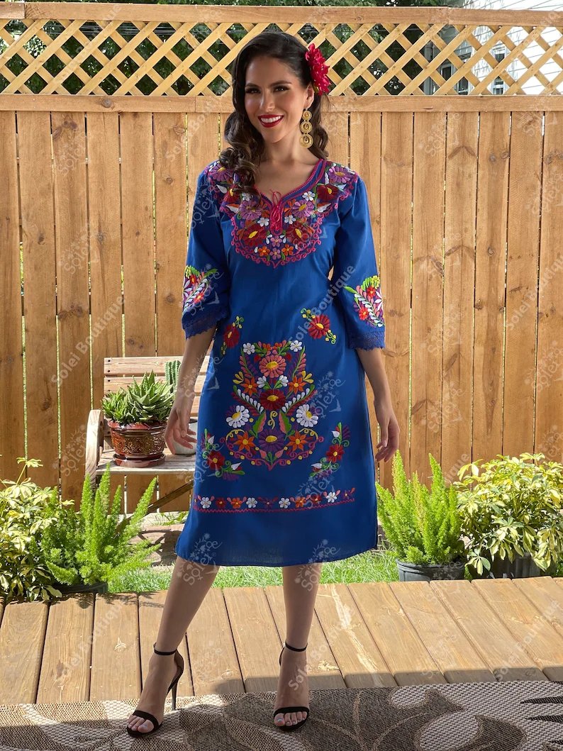 Long Mexican Floral Embroidered Kimono Dress. Kimono Deluxe Largo - Solei Store