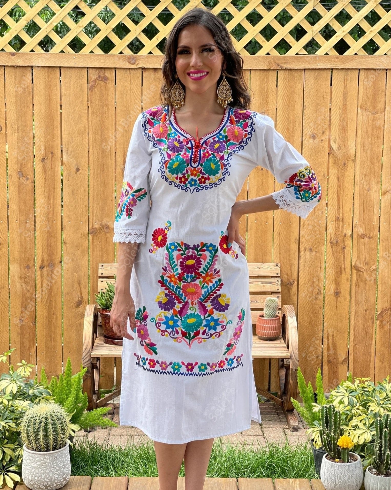 Long Mexican Floral Embroidered Kimono Dress. Kimono Deluxe Largo - Solei Store