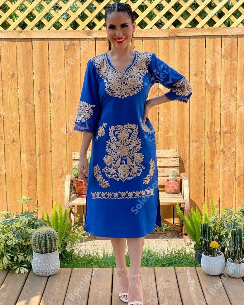 Long Mexican Golden Floral Embroidered Dress. Kimono Dorado Deluxe Largo - Solei Store