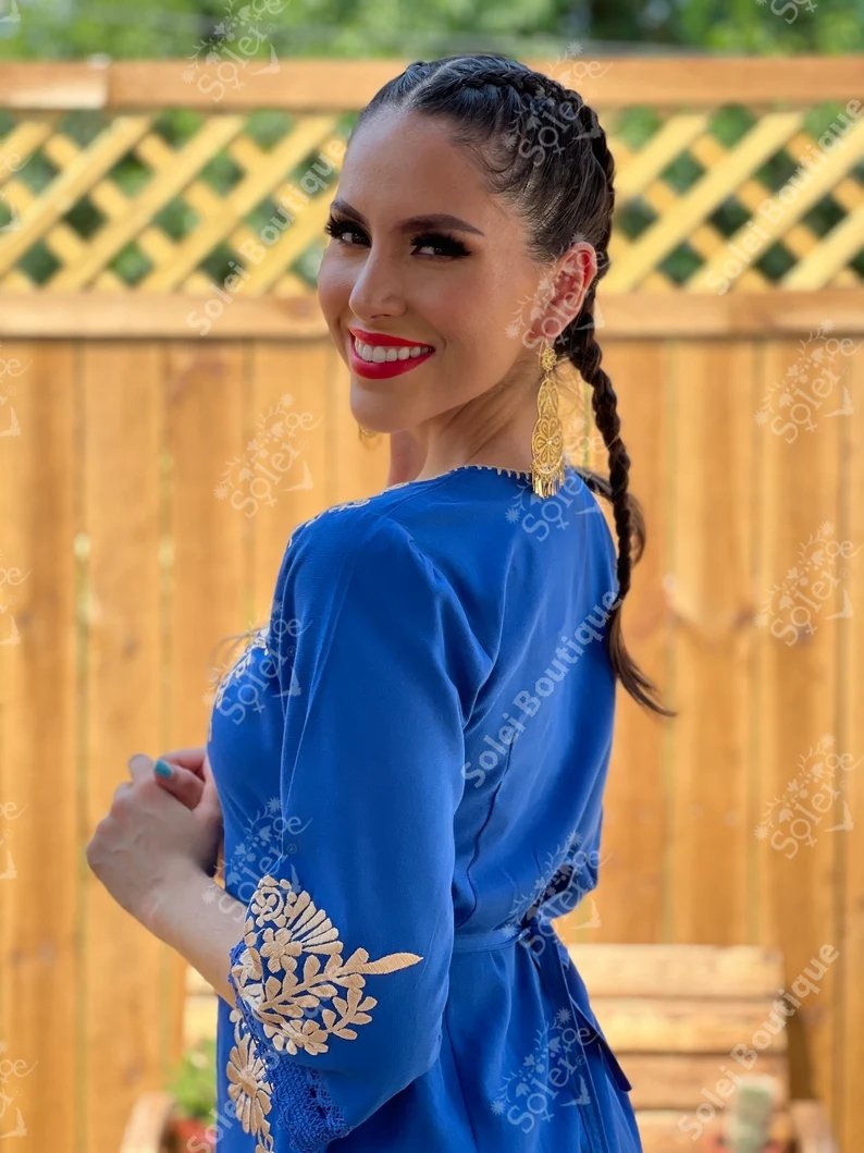 Long Mexican Golden Floral Embroidered Dress. Kimono Dorado Deluxe Largo - Solei Store