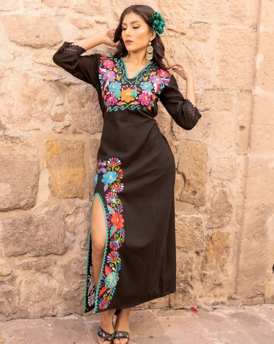 Multicolor Floral Mexican Dress. Black Dress-Multicolor Floral Design