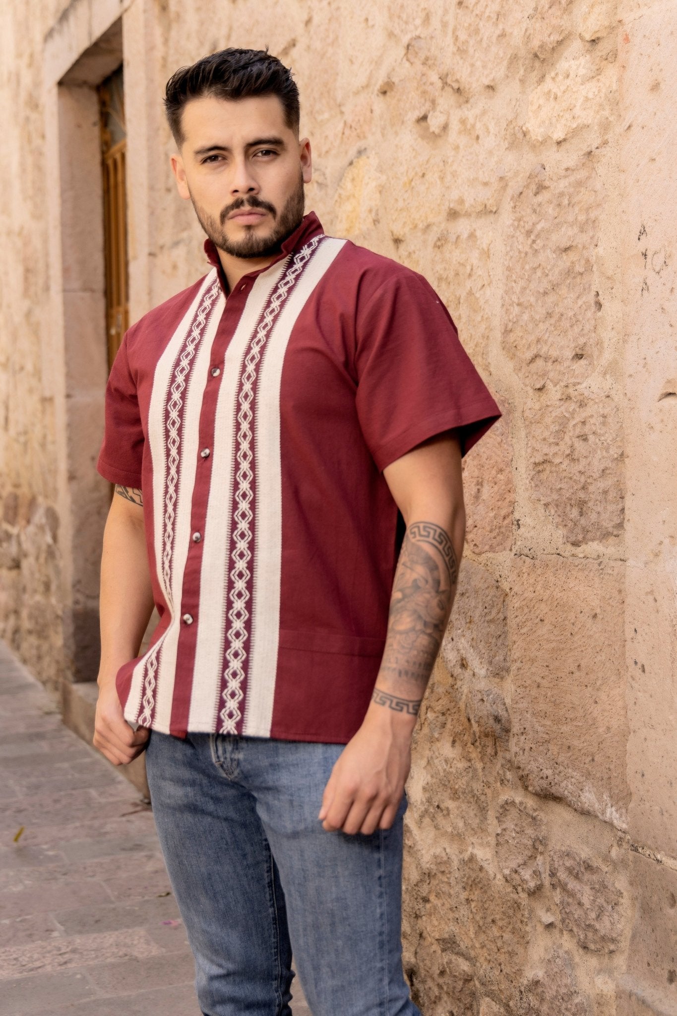 Men's Mexican Ethnic Embroidered Guayabera. Guayabera Carlos - Solei Store