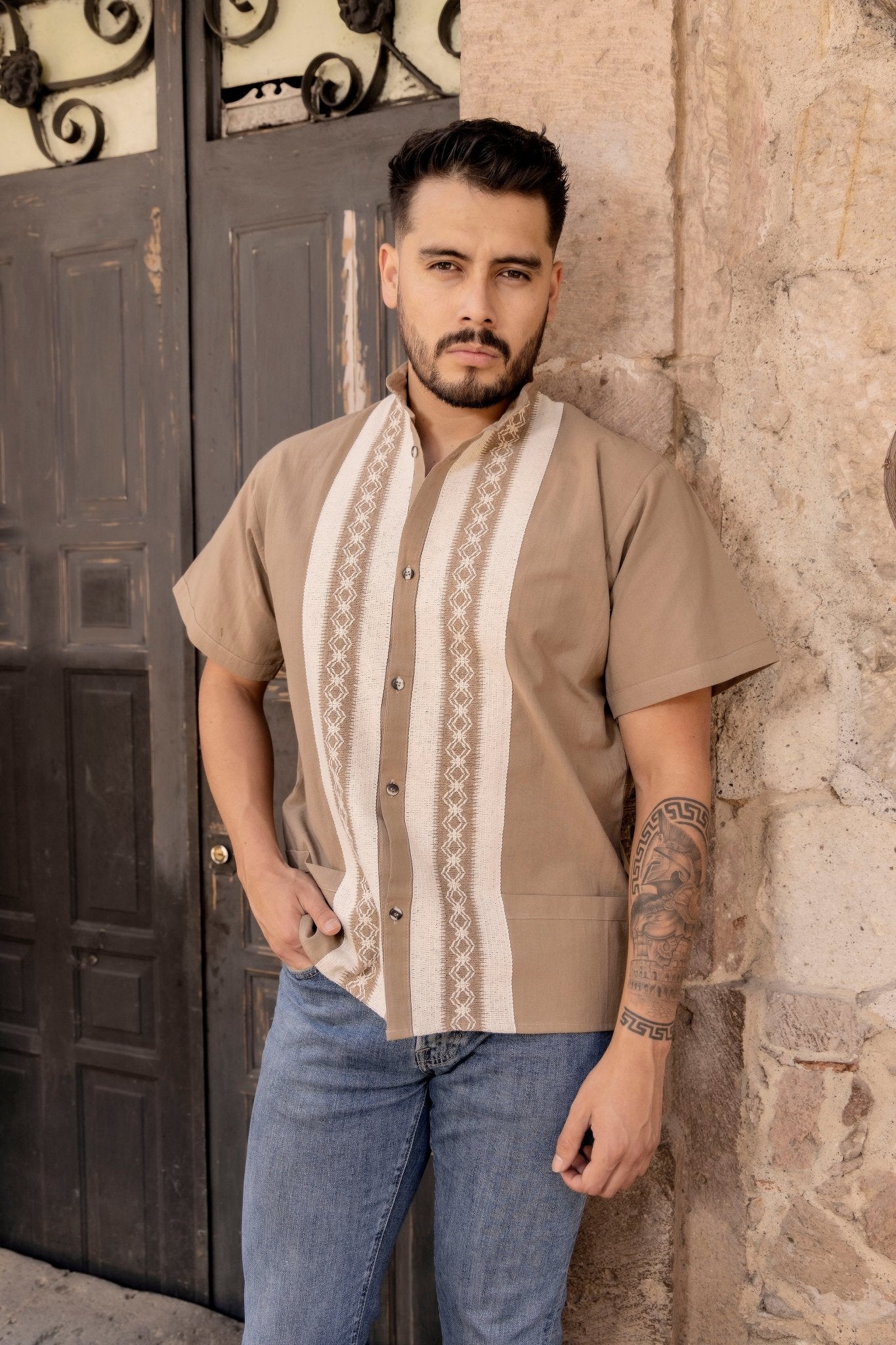 Men's Mexican Ethnic Embroidered Guayabera. Guayabera Carlos - Solei Store