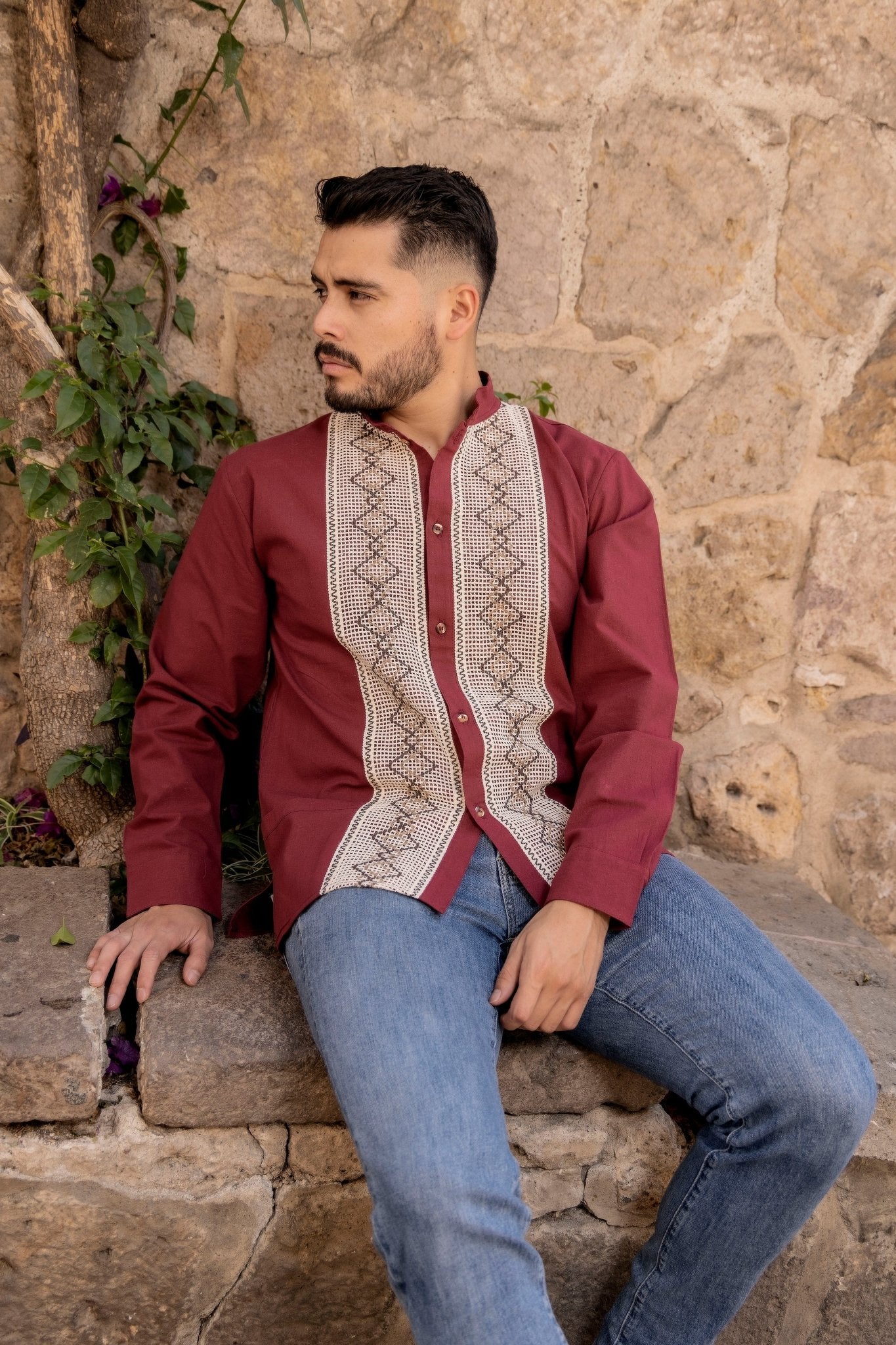 Men's Mexican Ethnic Embroidered Guayabera. Guayabera Cristobal - Solei Store