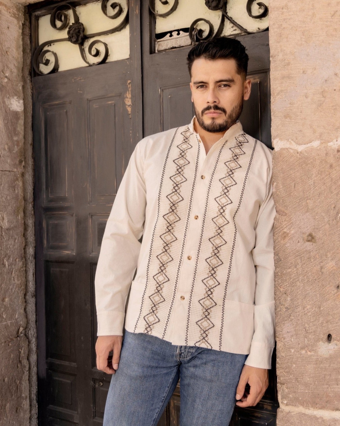 Men's Mexican Ethnic Embroidered Guayabera. Guayabera Cristobal - Solei Store